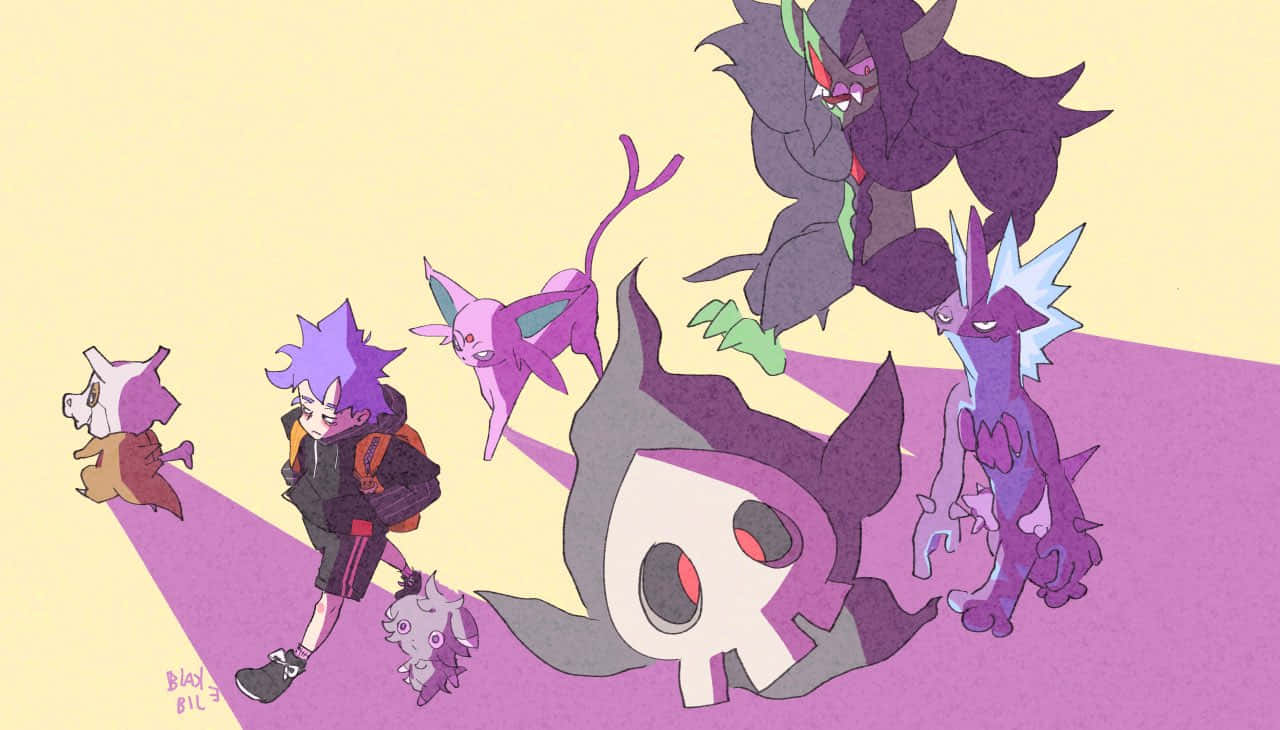 espurr 桌布 壁紙 — 一位紫髮的年輕訓練家在柔和的黃色和紫色漸變天空下，與各種紫色和灰色的寶可夢一起行走。