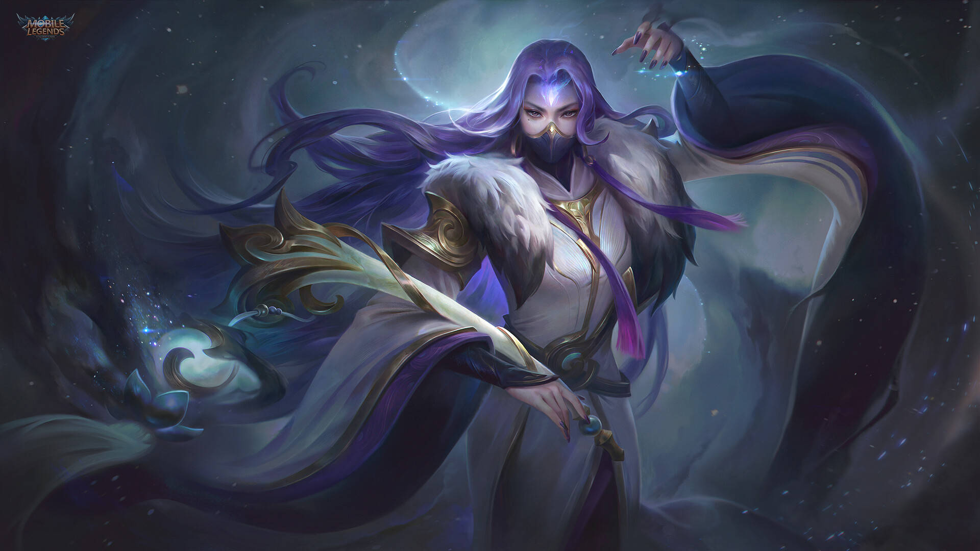 heroes 桌布 壁紙 — 一位紫髮的神秘戰士身穿飄逸長袍，在旋轉的宇宙能量和星空虛空中揮舞著發光的劍。