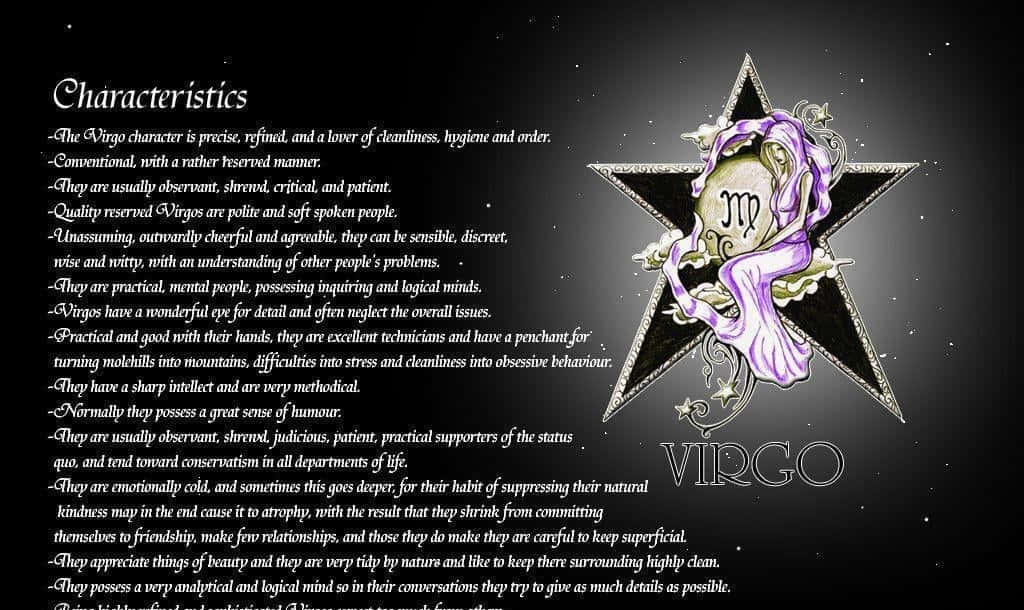 Virgo 桌布 壁紙 — 一位紫髮的處女座少女從一顆銀星中出現，手持新月，背景是黑暗的星空，並附有描述性文字。