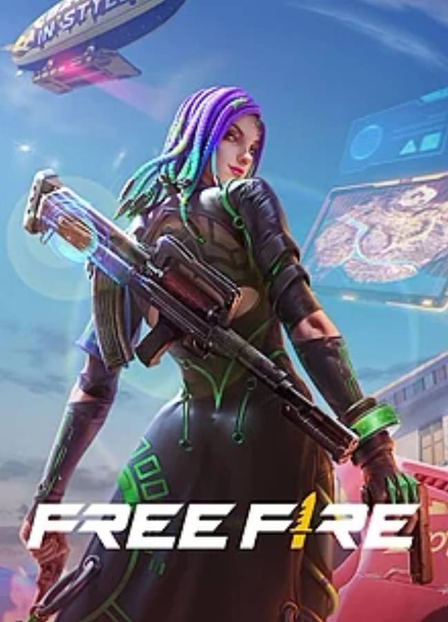 Free Fire 嘻哈 桌布 壁紙 — 一位紫髮的賽博龐克女戰士，在霓虹燈閃爍的未來城市天際線前揮舞著發光的步槍。