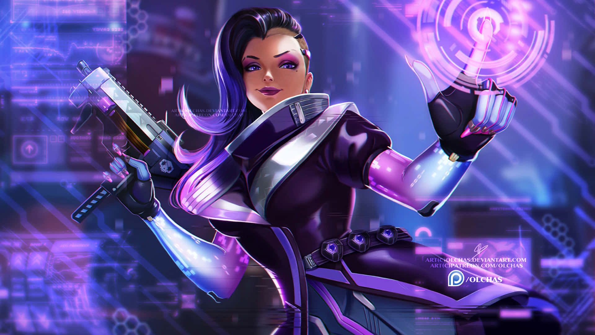 Sombra Overwatch 桌布 壁紙 — 一位紫髮的賽博龐克女戰士在霓虹數位背景前揮舞著發光武器。