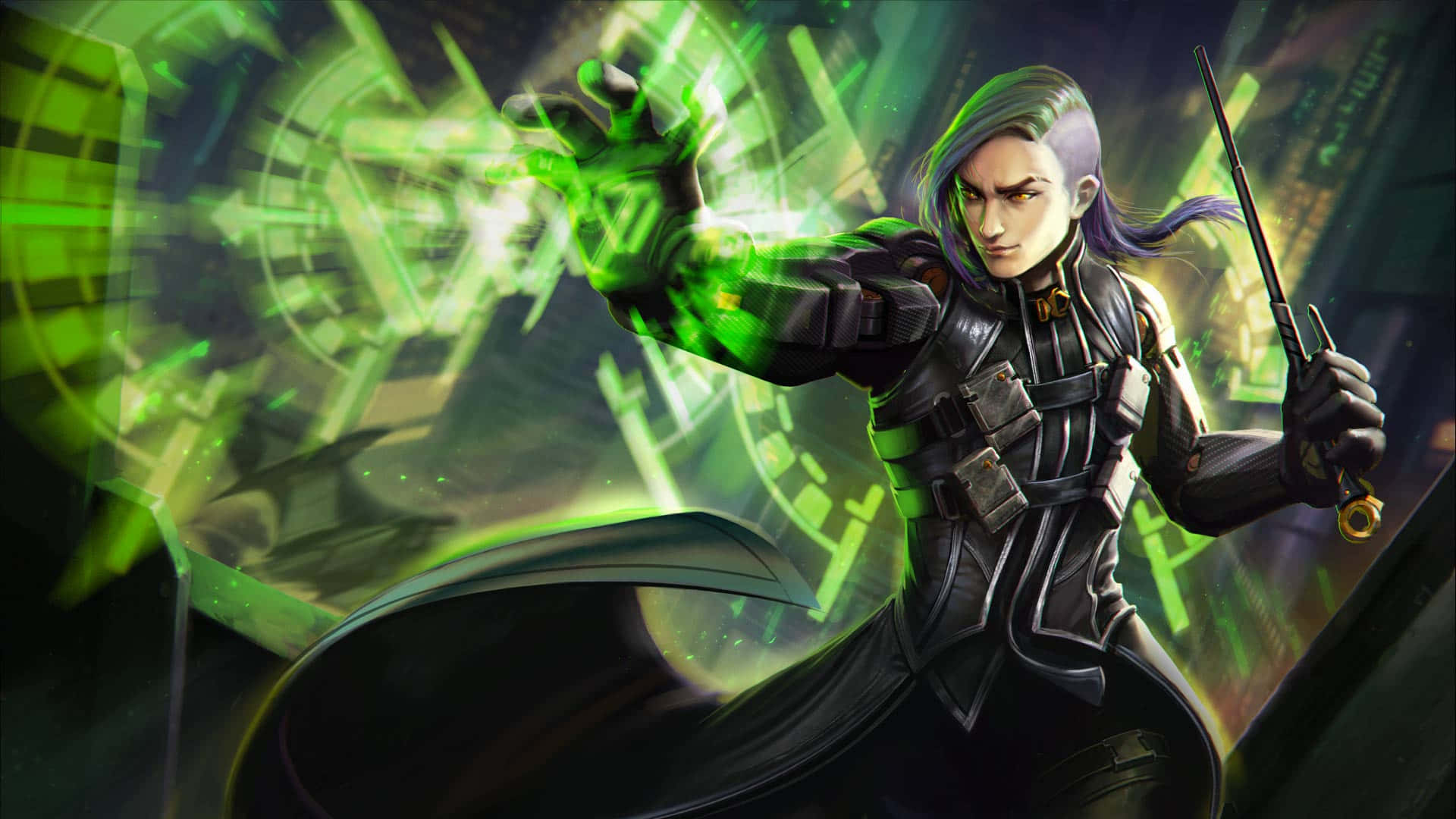 Vainglory 桌布 壁紙 — 一位紫髮的賽博龐克戰士在數位城市景觀中引導發光的綠色能量。