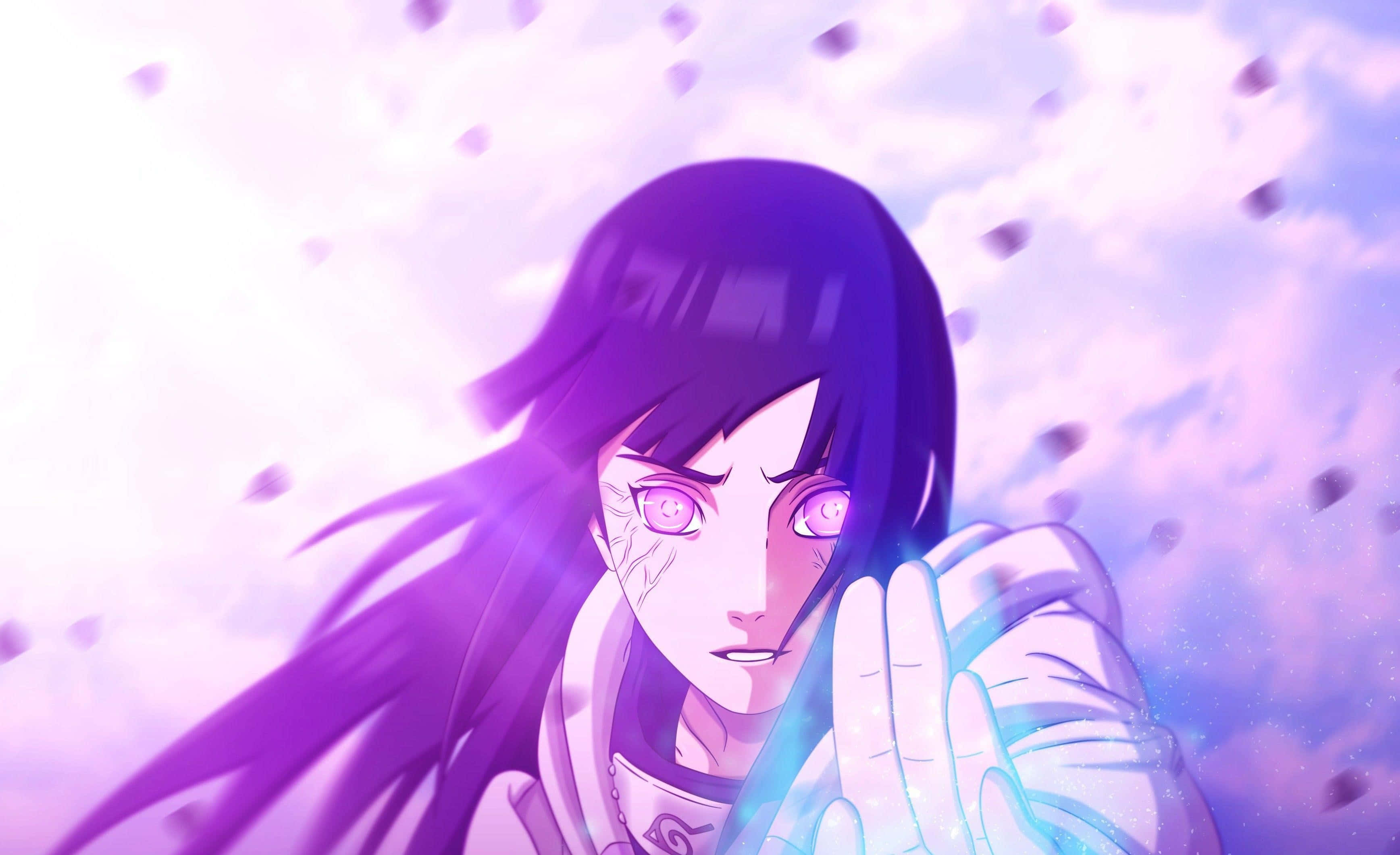 Naruto Aesthetic Computer 桌布 壁紙 — 一位紫髮粉紅發光眼睛的動漫女孩，在柔和粉彩天空和飄落花瓣的背景下，釋放藍色查克拉。