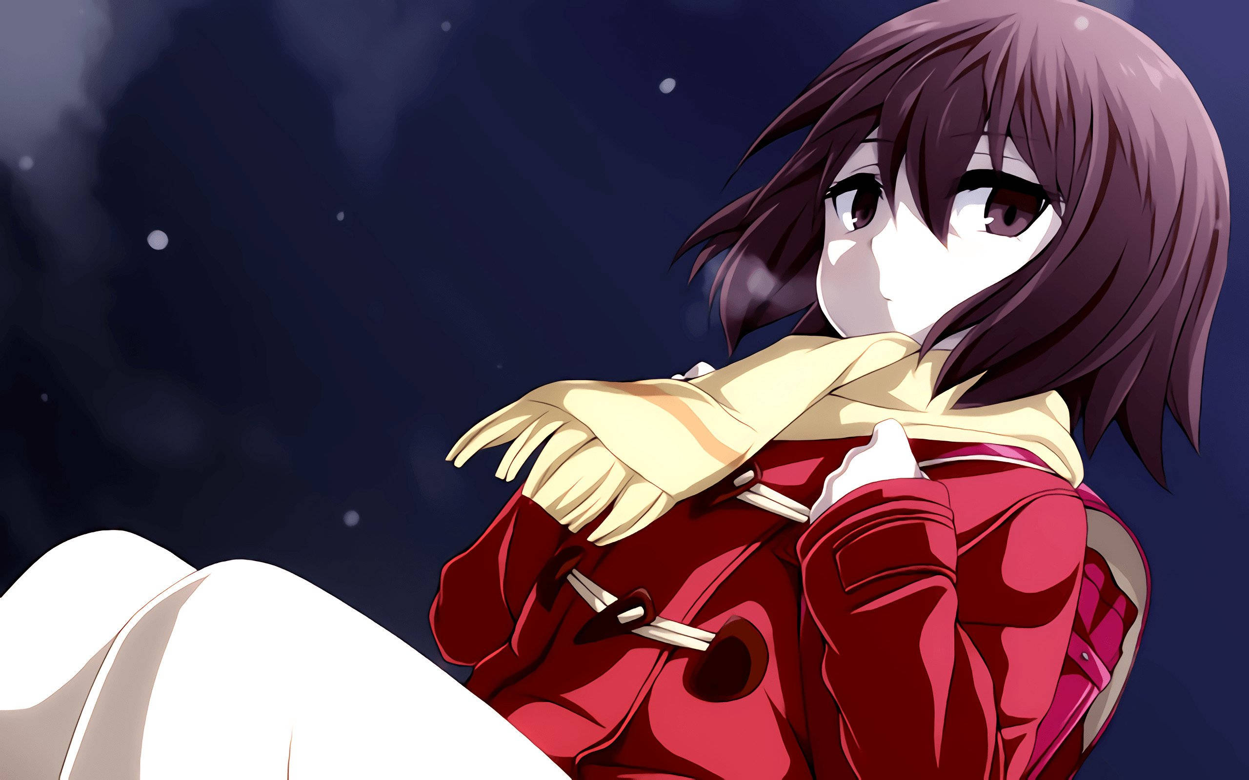 Erased 桌布 壁紙 — 一位紫髮紅外套的年輕動漫女孩，在星空下裹著黃色圍巾坐著。