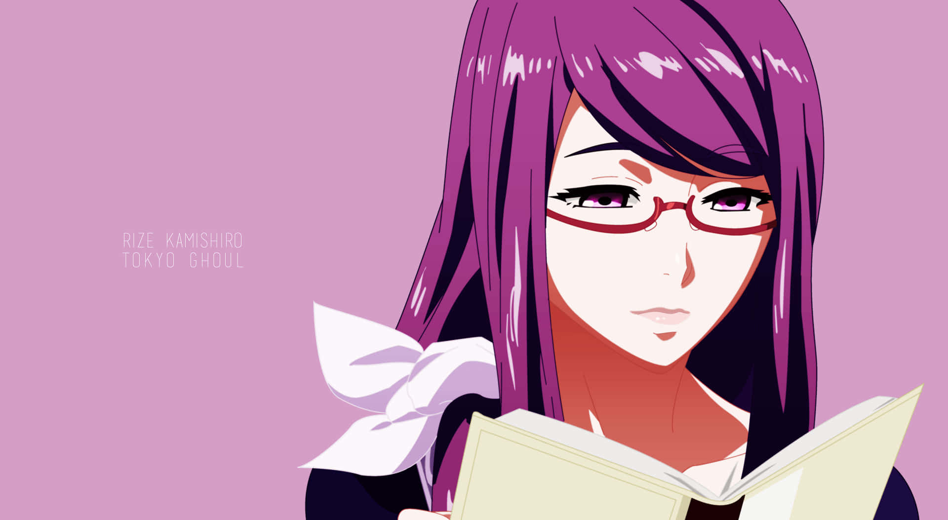 Rize Kamishiro 桌布 壁紙 — 一位紫髮紅框眼鏡的動漫女孩在純粉紅色背景前看書。