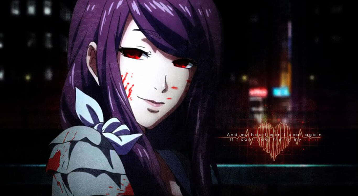 Rize Kamishiro 桌布 壁紙 — 一位紫髮紅眼、帶有血跡的動漫女孩，在模糊的城市夜景背景下詭異地微笑。