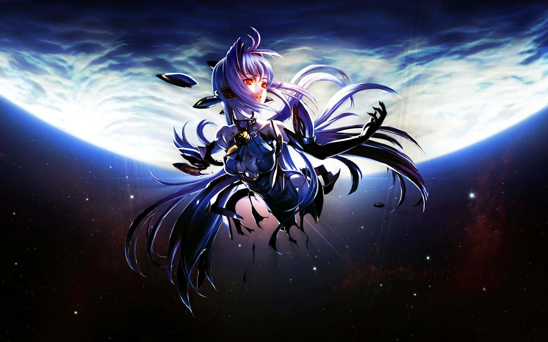 可愛動漫 桌布 壁紙 — 一位紫髮紅眼的動漫女孩，在發光行星和星空宇宙的背景下優雅漂浮。