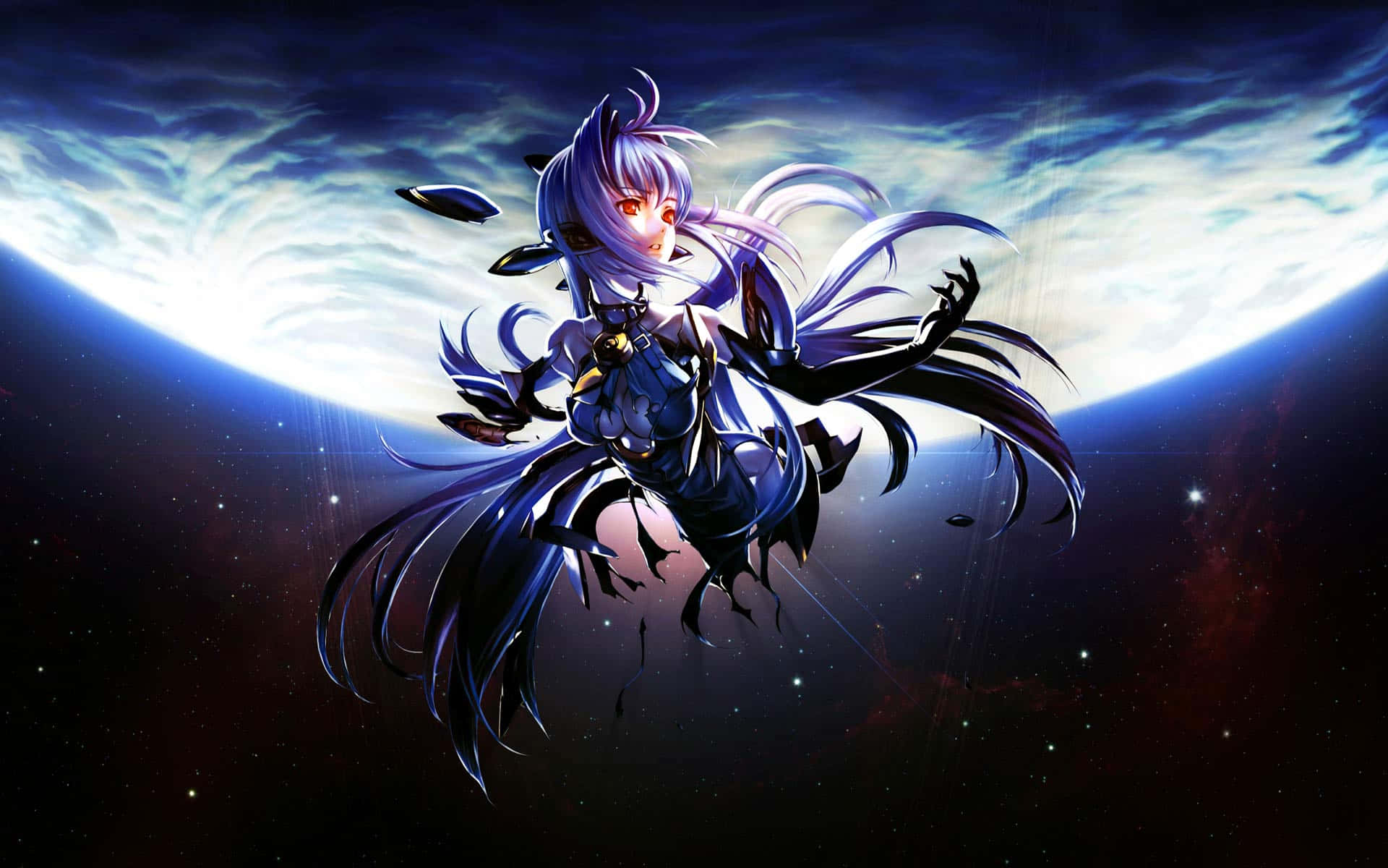 動漫 桌布 壁紙 — 一位紫髮紅眼的動漫少女在行星和星空的宇宙背景下優雅地漂浮。