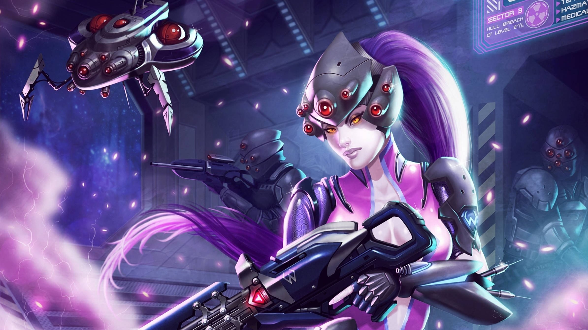 4K Overwatch 桌布 壁紙 — 一位紫髮紅眼的女性賽博龐克戰士，在霓虹燈科幻走廊中揮舞著未來武器。