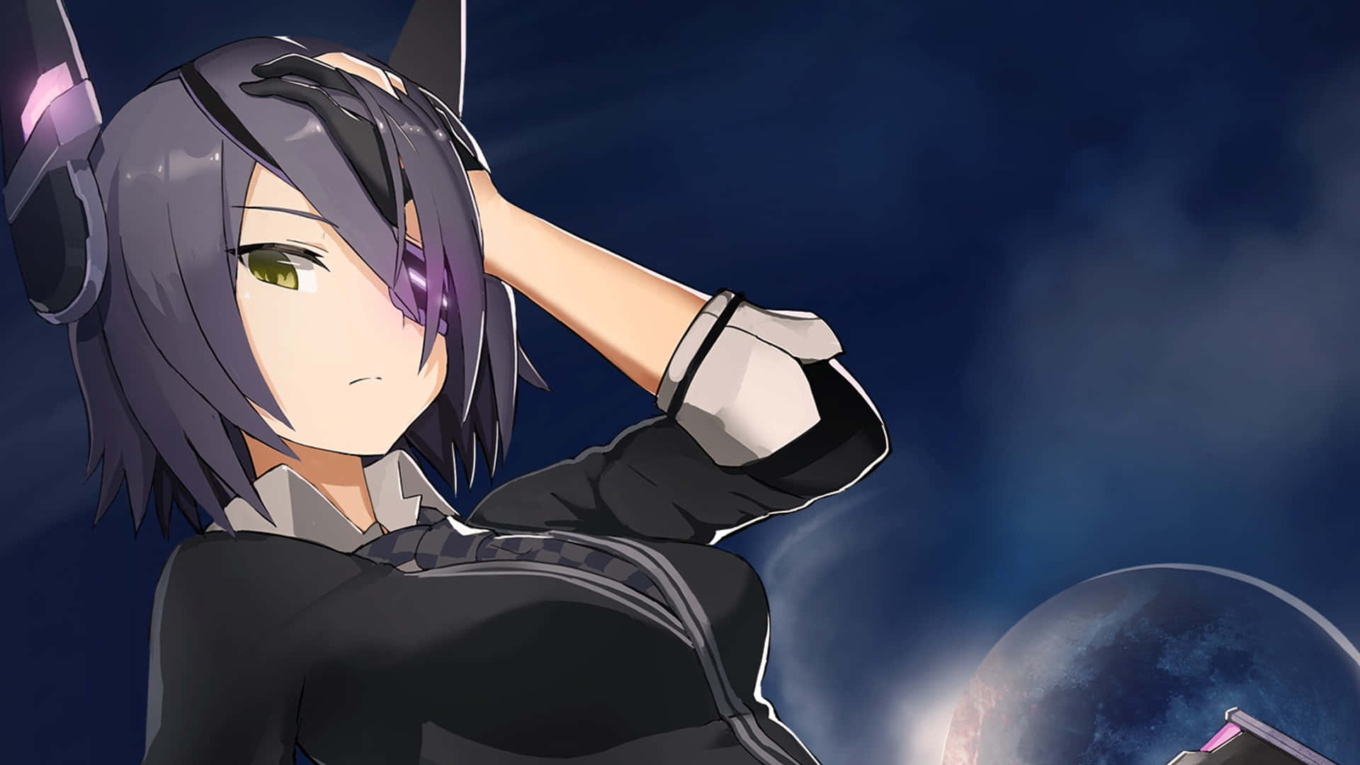 Kantai Collection 桌布 壁紙 — 一位紫髮綠眼的動漫女孩在黑暗的宇宙背景下調整耳機，背景中有一顆發光的行星。