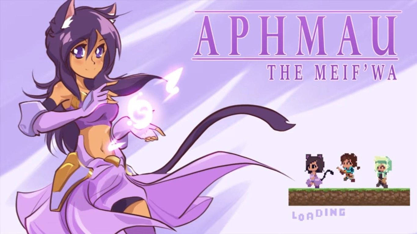 Aphmau 桌布 壁紙 — 一位紫髮貓娘穿著飄逸長袍引導魔法，而她下方像素化的角色正在載入。