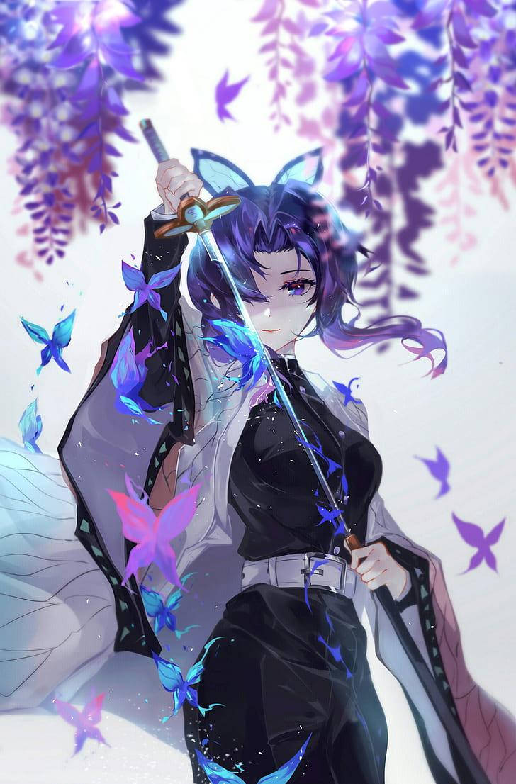 HD anime phone 桌布 壁紙 — 一位紫髮貓耳動漫少女在紫藤花瀑與翩翩蝴蝶中揮舞著發光的劍。