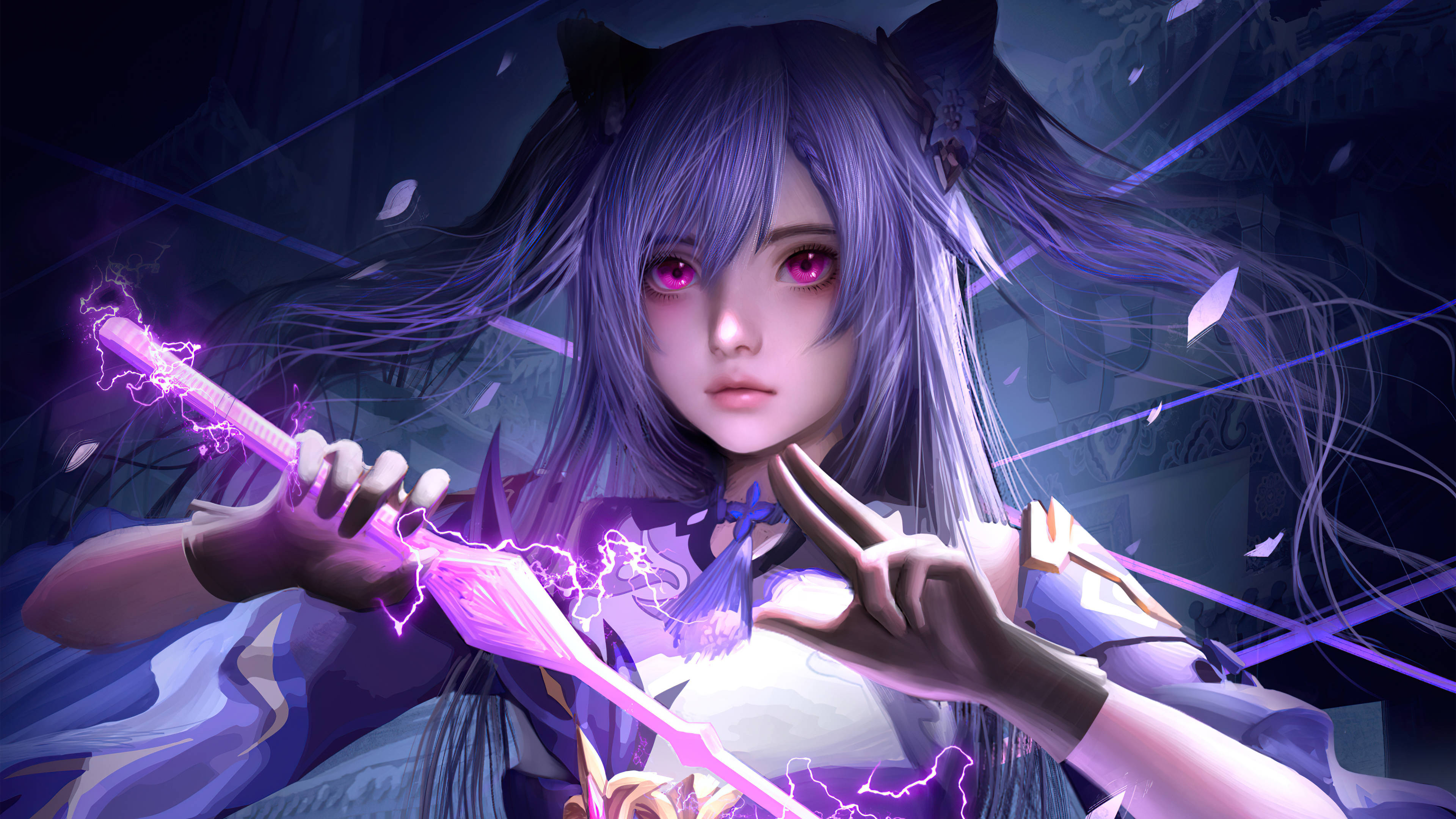 電玩遊戲 桌布 壁紙 — 一位紫髮貓耳動漫少女在黑暗神秘環境中，於飄浮花瓣間揮舞著發光的魔法劍。