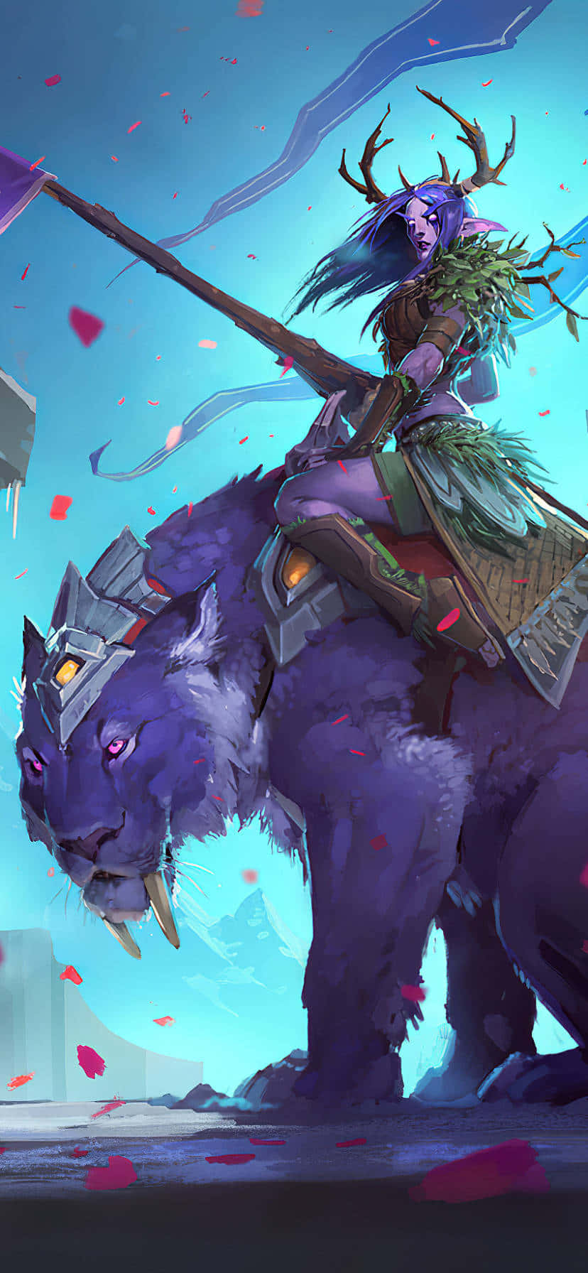 電玩遊戲 桌布 壁紙 — 一位紫髮長角的精靈騎著一隻機械毛獸，穿越散落著紅色花瓣的天空。