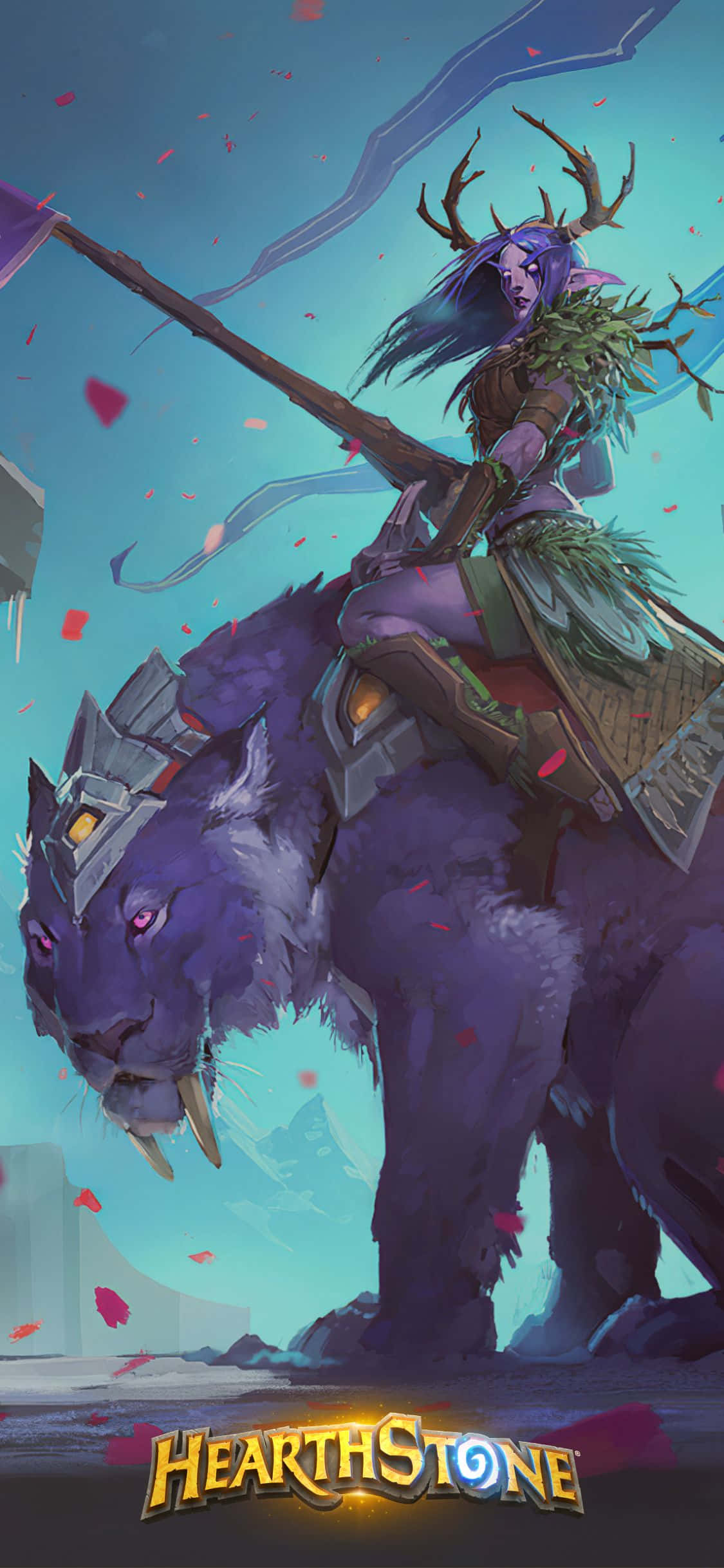 hearthstone phone 桌布 壁紙 — 一位紫髮長角的精靈騎著機械貓科野獸，穿越花瓣飄落的奇幻天空。