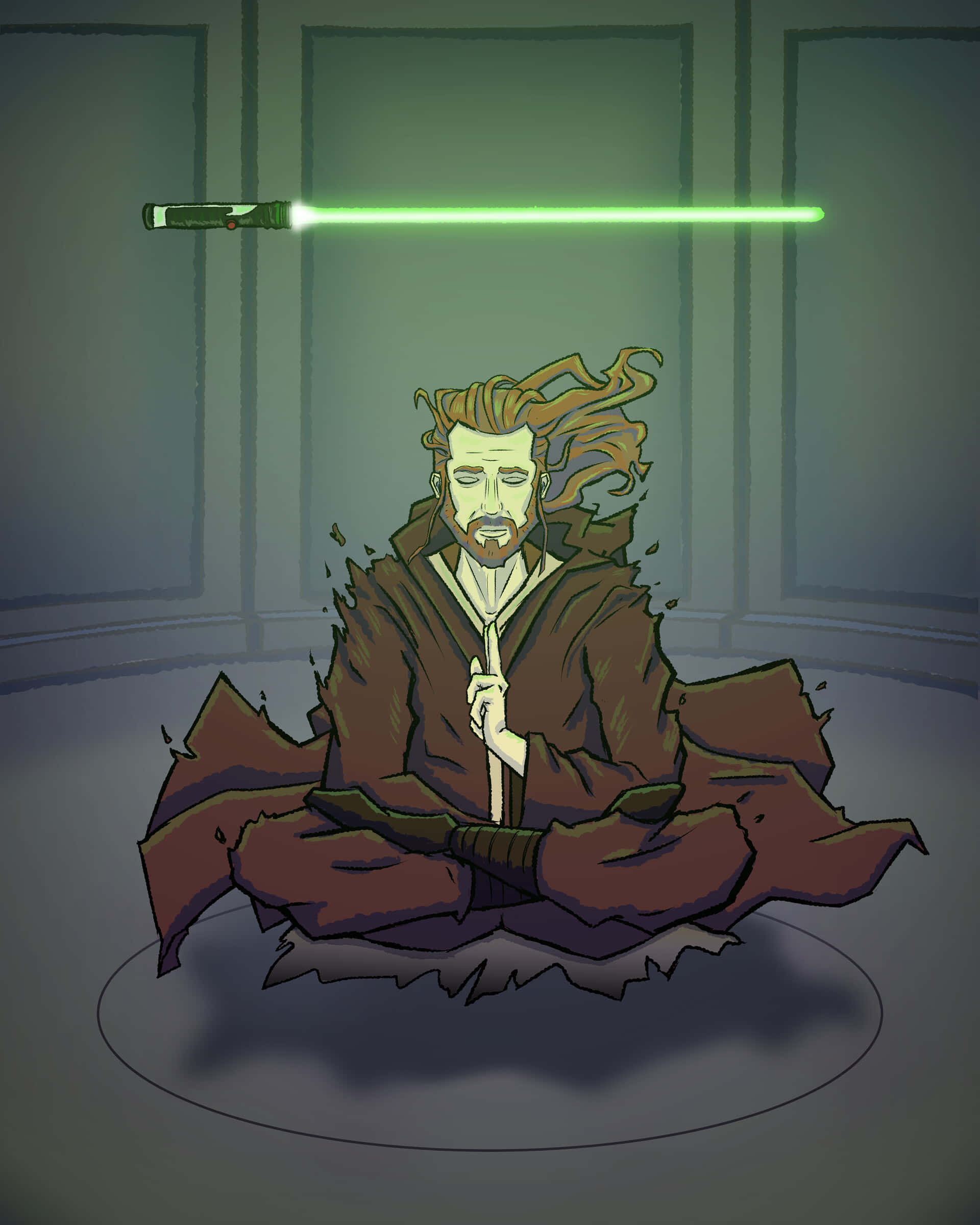 Qui-gon Jinn 桌布 壁紙 — 一位絕地大師在昏暗的房間中冥想，一把綠色光劍漂浮在他上方，採用數位藝術風格。