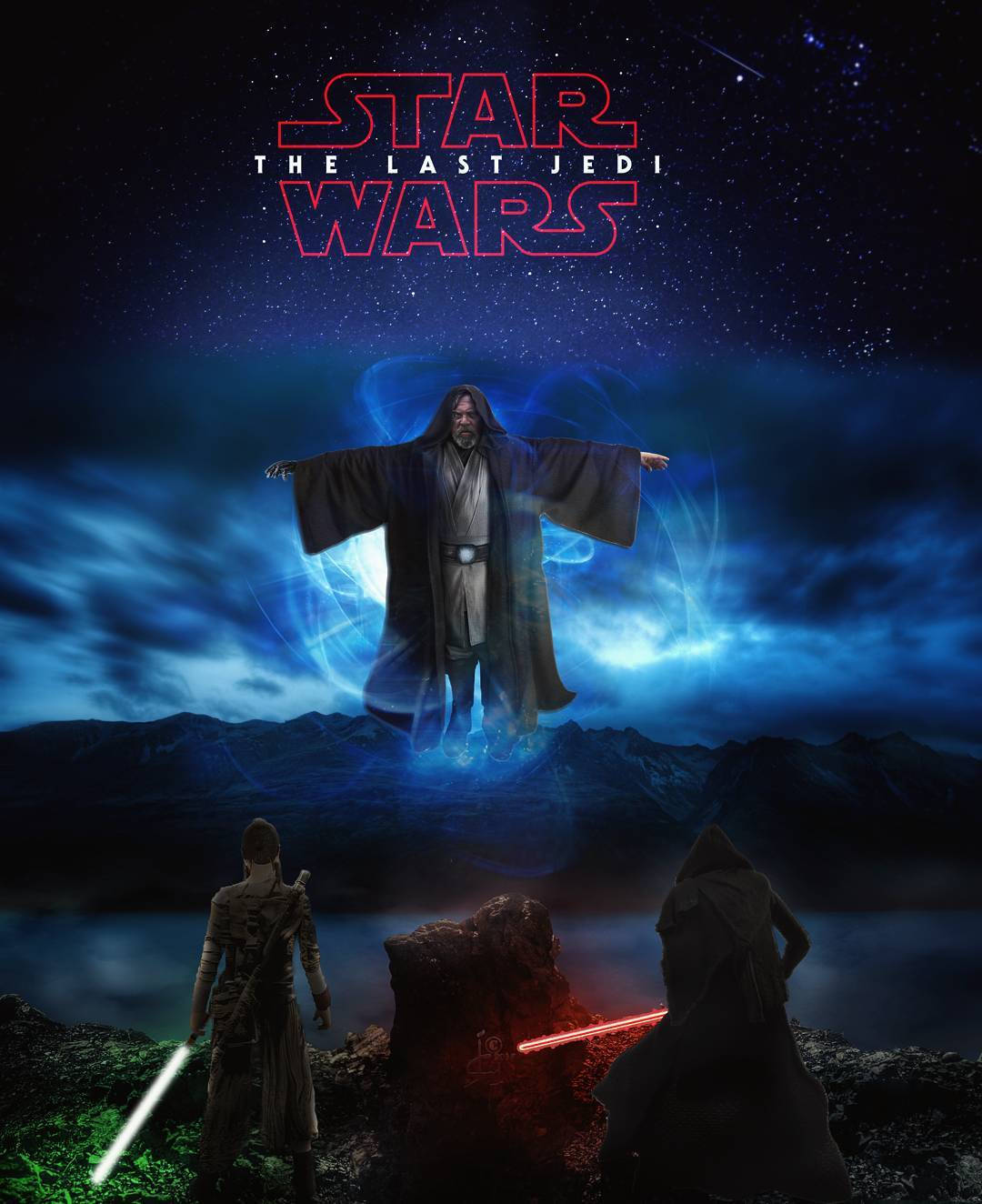 The Last Jedi Star Wars 桌布 壁紙 — 一位絕地大師在星空下的山區景觀上方懸浮，兩個手持光劍的人物在觀看。
