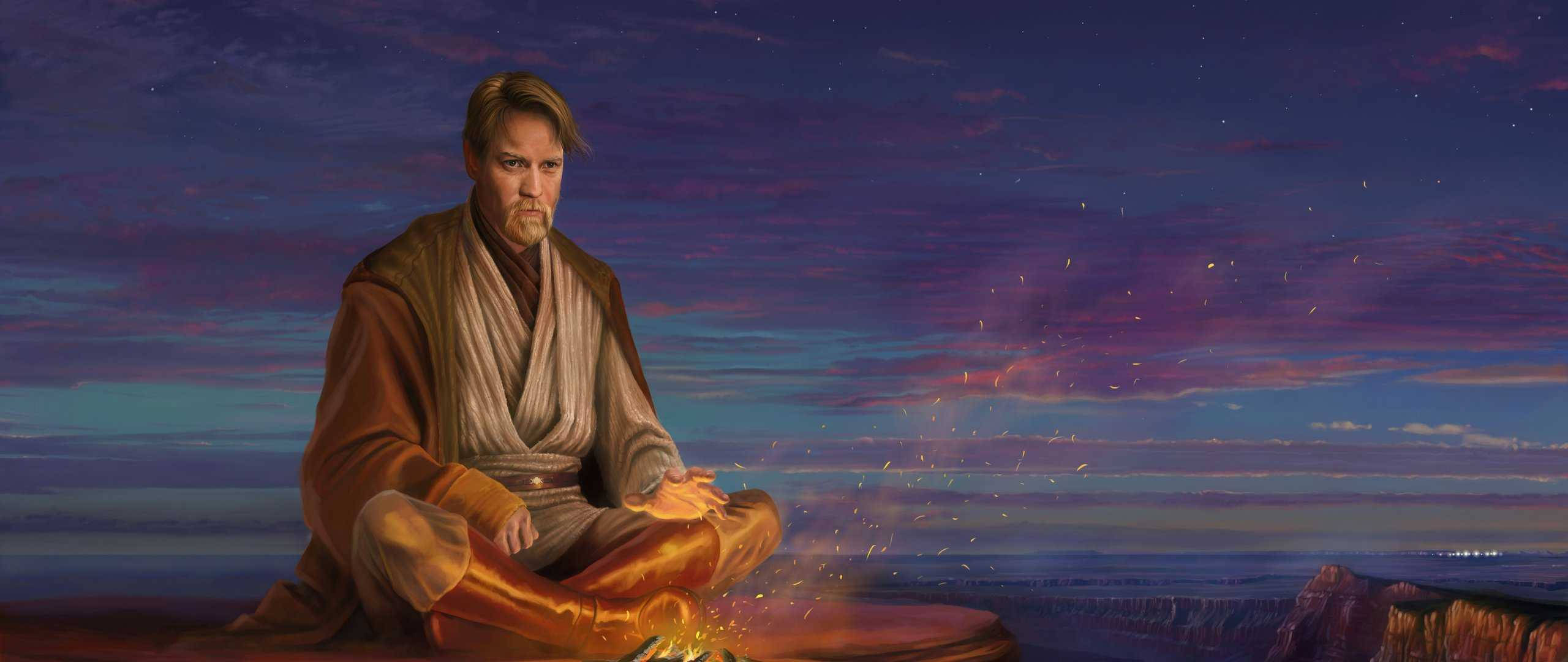 Kenobi 桌布 壁紙 — 一位絕地大師在黃昏時分於懸崖頂上冥想，手中握著發光的光劍柄，背景是繁星點點的紫色天空。