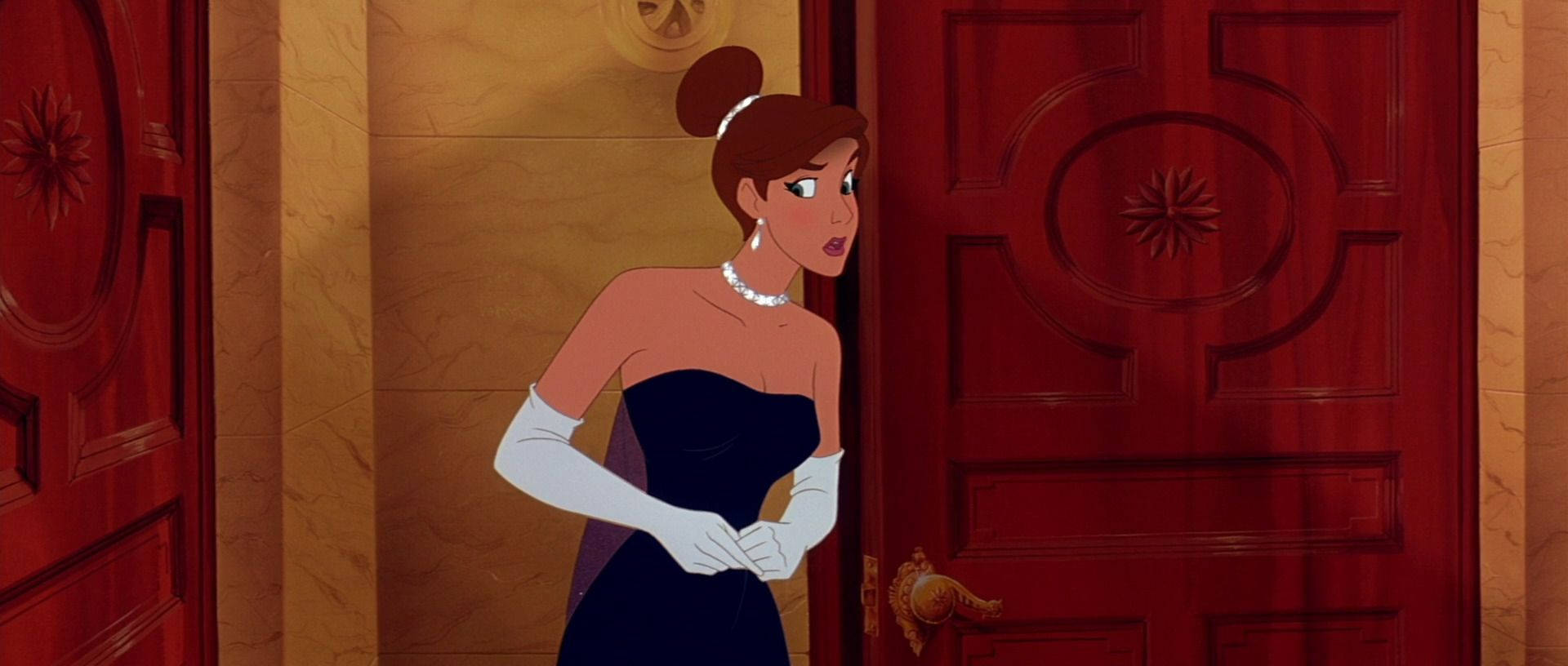 Anastasia 桌布 壁紙 — 一位經典動畫公主穿著黑色長裙和白色手套，站在宏偉的走廊裡，旁邊是華麗的紅色大門。