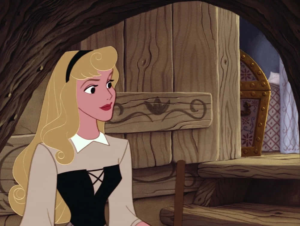 sleeping beauty 桌布 壁紙 — 一位經典迪士尼動畫公主，金色頭髮，坐在鄉村木屋內，望向窗外。