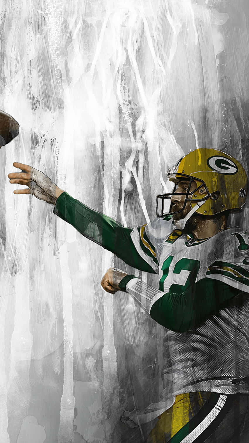 Packers 桌布 壁紙 — 一位綠灣包裝工美式足球員正在行動，向動態抽象冰背景傳球。