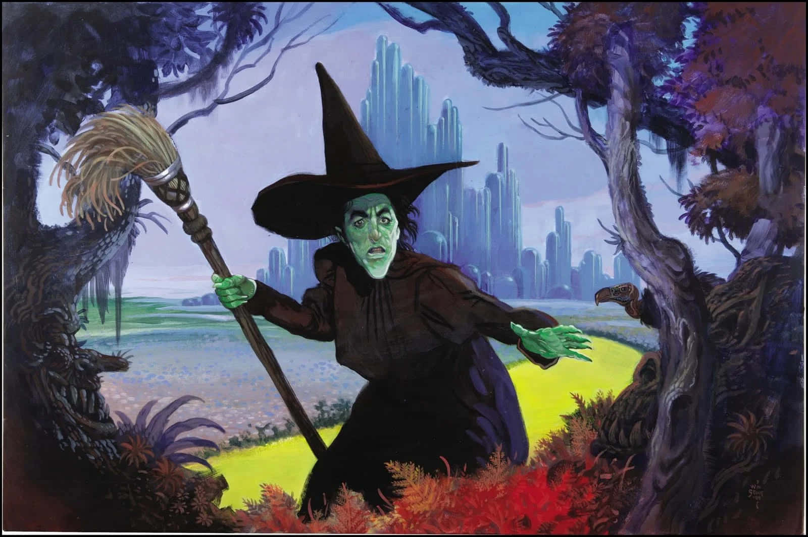 Evil Witch 桌布 壁紙 — 一位綠皮膚的女巫，戴著黑帽、身穿黑袍，在扭曲的樹木間揮舞掃帚，遠處是未來主義的城市天際線。