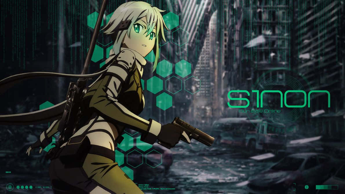 Sinon 桌布 壁紙 — 一位綠眼白髮的動漫女孩在霓虹燈閃爍的賽博龐克城市景觀中揮舞著手槍。