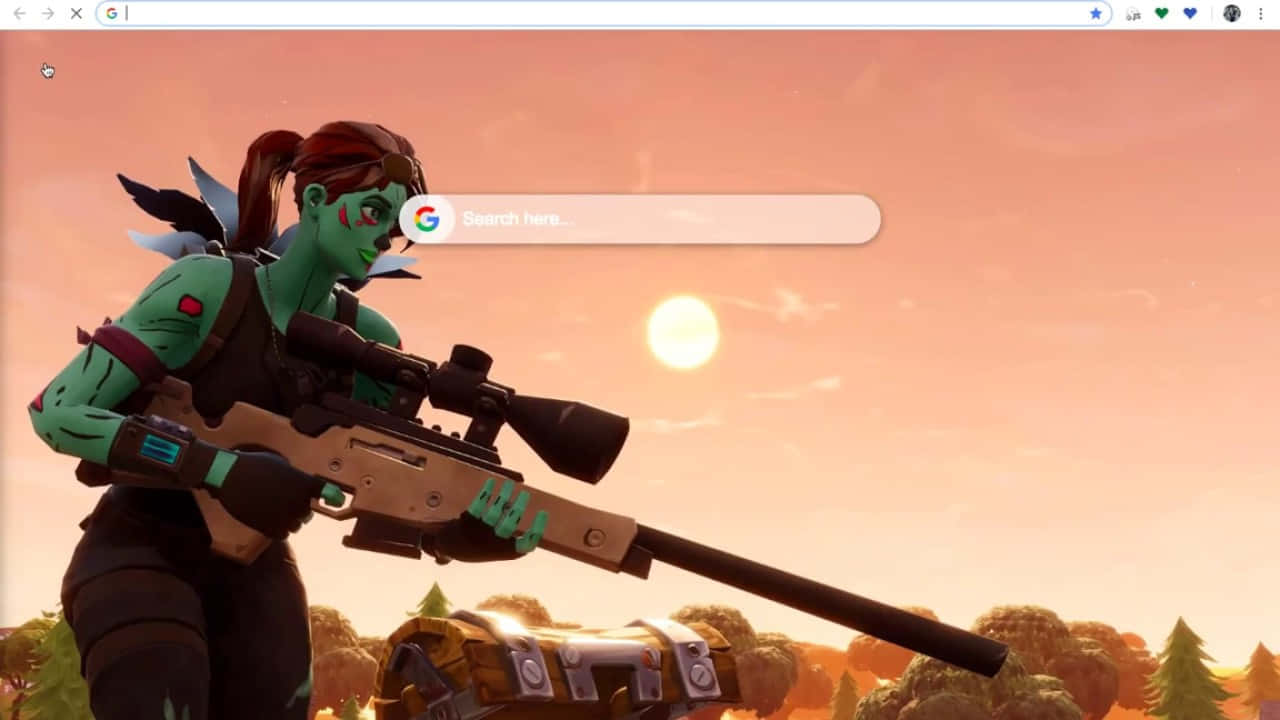 Cool Ghoul Trooper 桌布 壁紙 — 一位綠色皮膚、有翅膀的女性遊戲玩家在日落時分的森林景觀中瞄準狙擊步槍。
