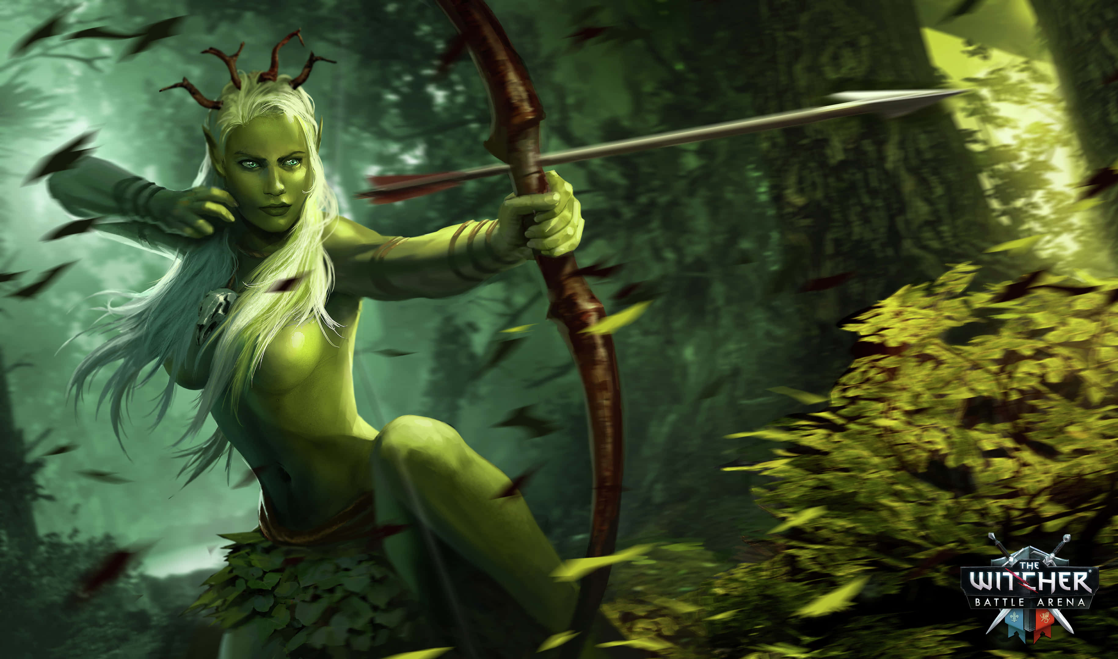 Moba Games 桌布 壁紙 — 一位綠色皮膚、白髮、長著鹿角狀角的女精靈弓箭手在迷霧森林中拉弓，箭矢在她周圍飛舞。