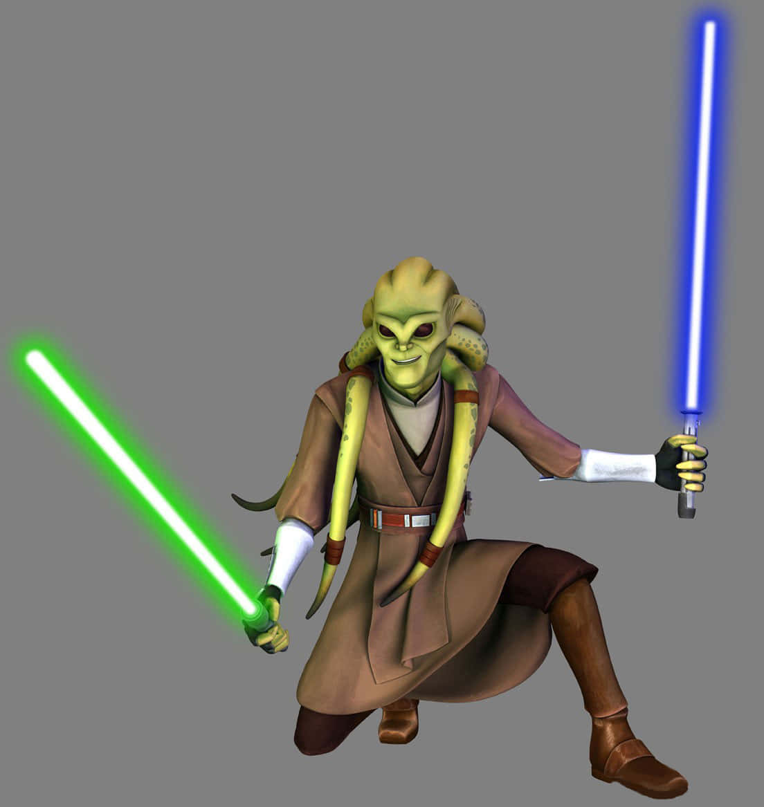 Lightsaber Duels 桌布 壁紙 — 一位綠色皮膚、長有觸手的絕地大師，在純灰色背景前揮舞著綠色和藍色的光劍。