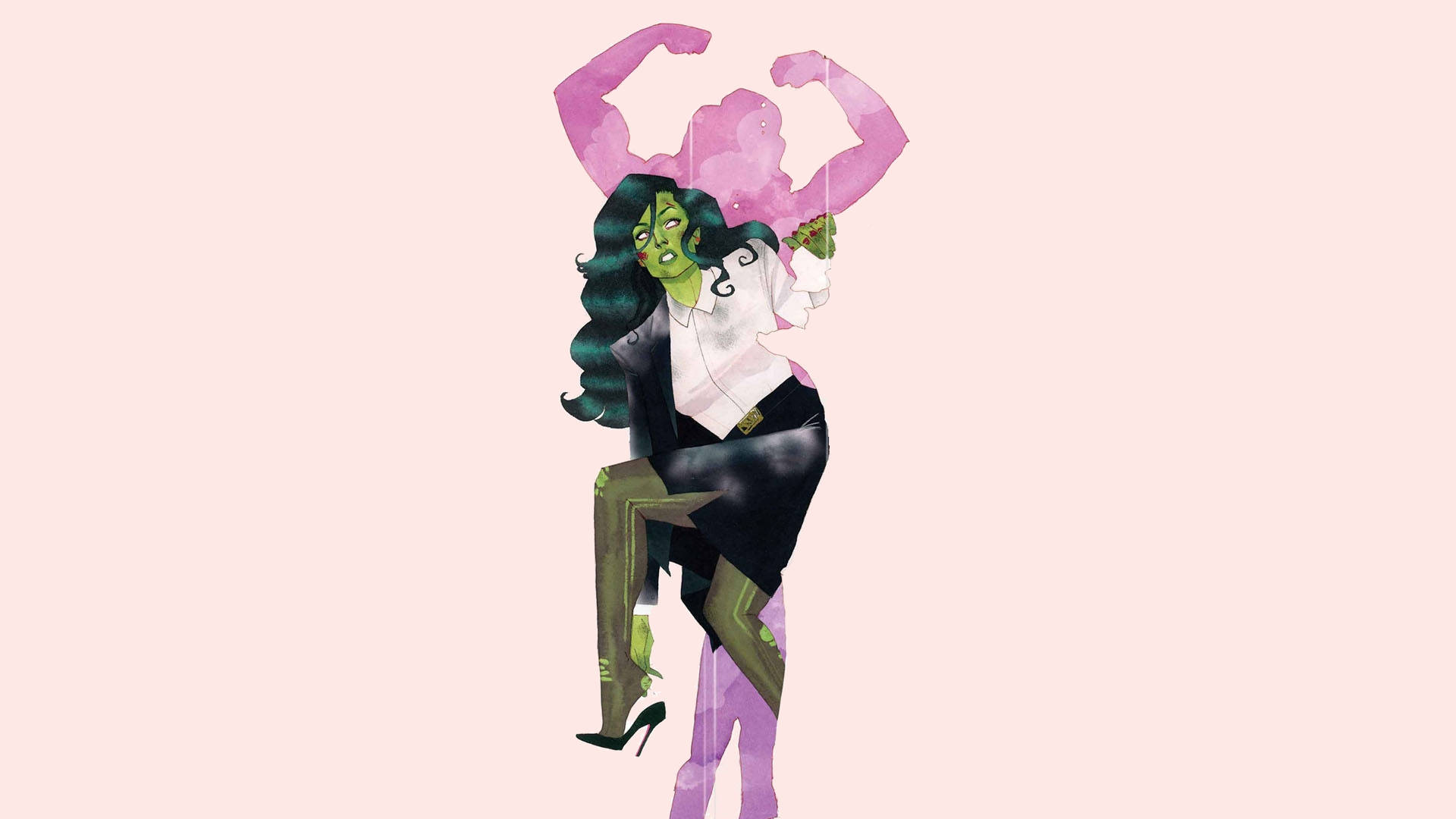 she 桌布 壁紙 — 一位綠色皮膚的女性穿著西裝，展示肌肉，身後有一個粉紅色的肌肉剪影，背景是柔和的粉紅色。