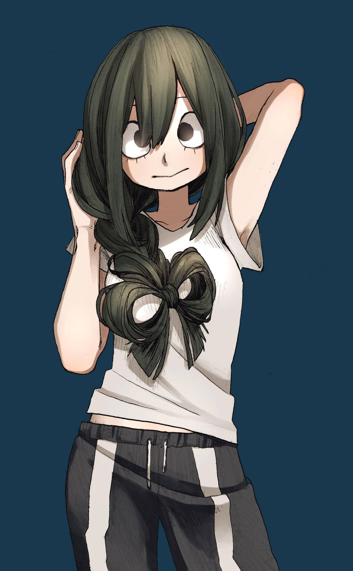 Froppy 桌布 壁紙 — 一位綠色頭髮的動漫女孩，白色襯衫上有個大蝴蝶結，在深藍色背景前雙手放在腦後擺姿勢。
