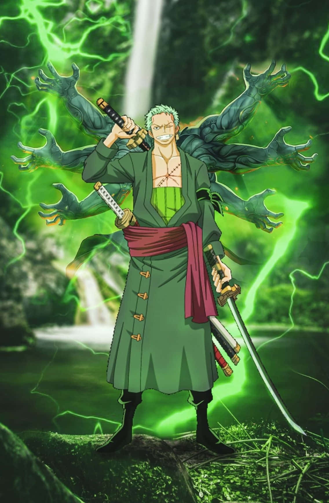 Zoro Wano 桌布 壁紙 — 一位綠色頭髮的動漫戰士站在森林中，揮舞著帶有發光綠色能量的劍，多個陰影般的手臂伸出。