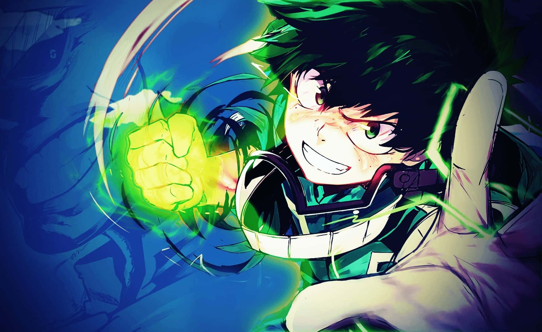 My Hero Academia Deku 桌布 壁紙 — 一位綠髮、拳頭髮光的動漫英雄，在深藍色背景下向前出拳。