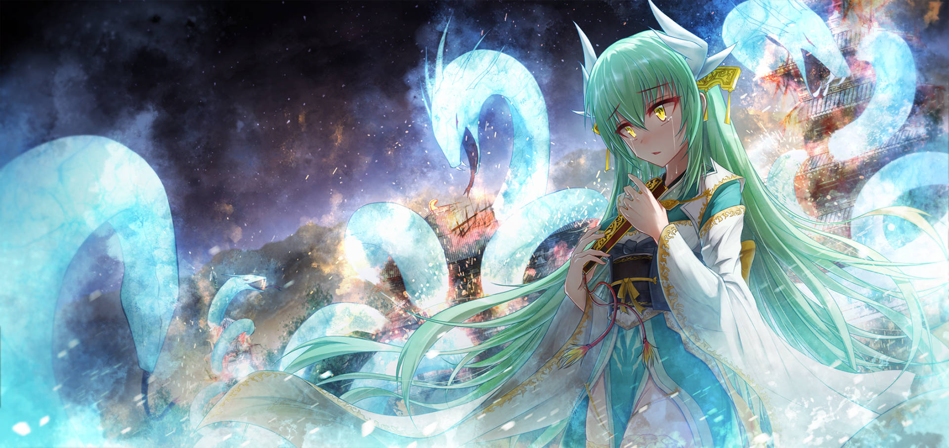 Fate/Grand Order 桌布 壁紙 — 一位綠髮、眼睛發光的動漫女孩，在星空中揮舞著法杖，周圍環繞著旋轉的藍色龍和宇宙能量。