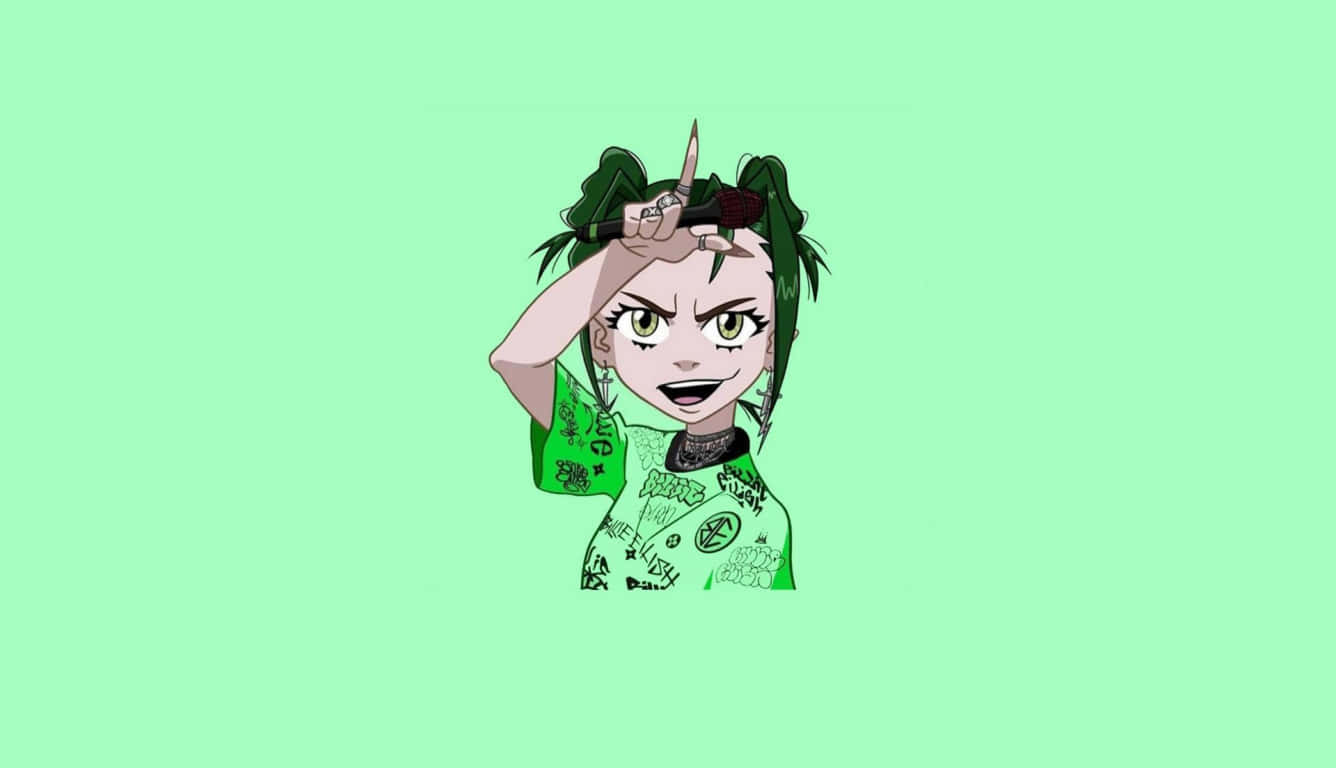 Billie Eilish Laptop 桌布 壁紙 — 一位綠髮且頭上戴著玫瑰的動漫女孩，在純綠色背景前自信地擺姿勢。
