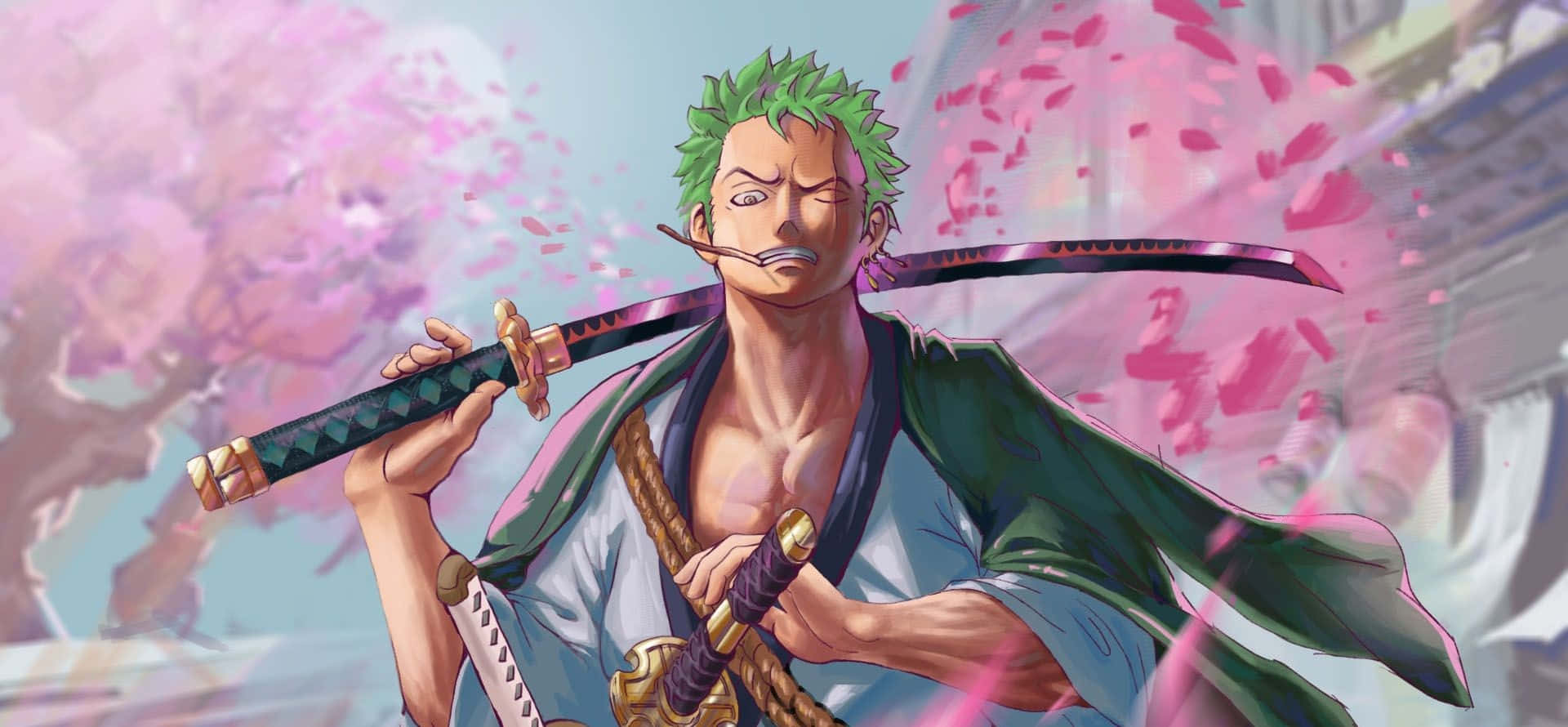 動漫綠髮劍客在櫻花下握著武士刀。 — 索隆 GIF 壁紙