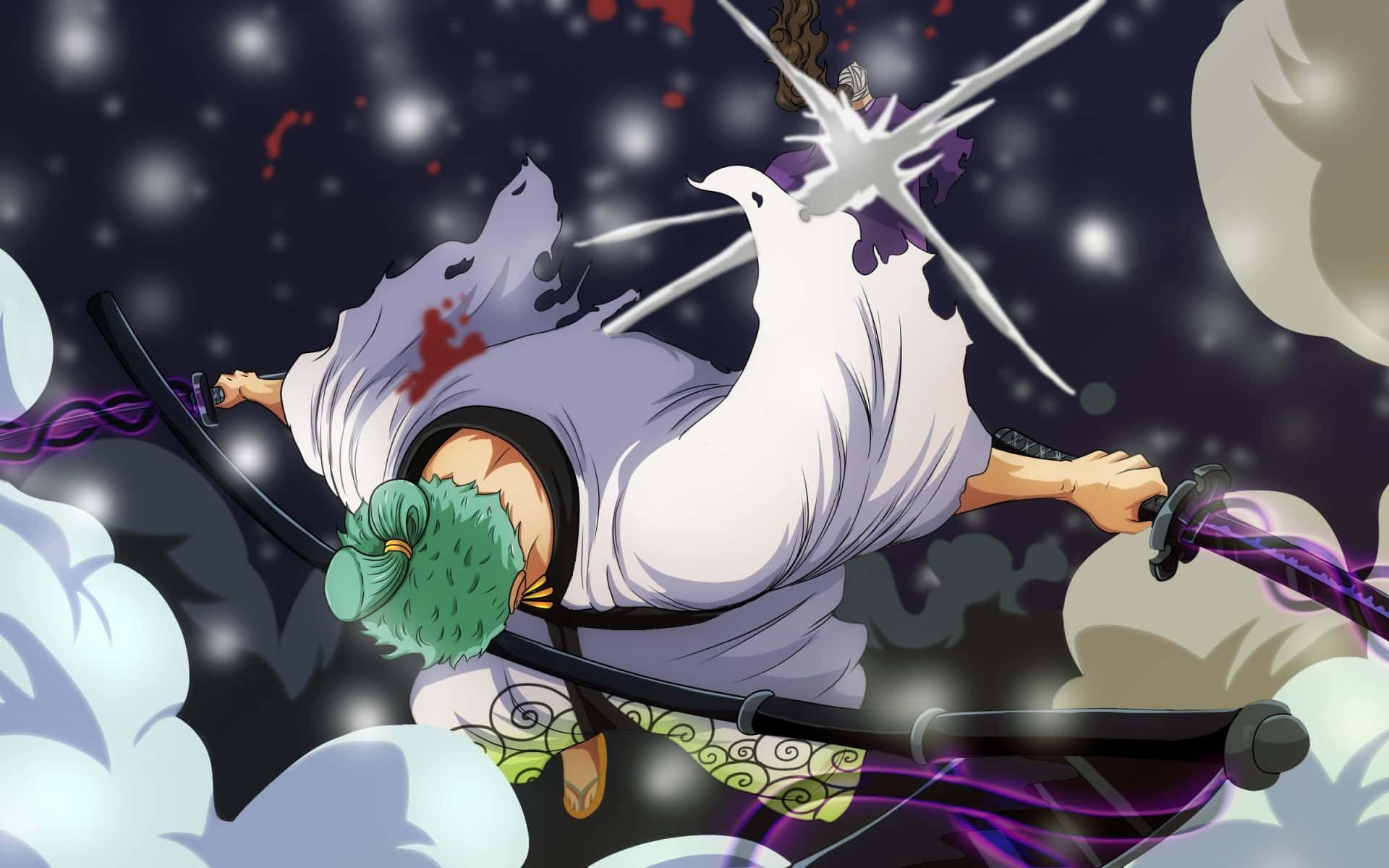Armament Haki 桌布 壁紙 — 一位綠髮動漫劍客身穿白袍，在繁星點點的夜空中劈開紫色能量和雲層。