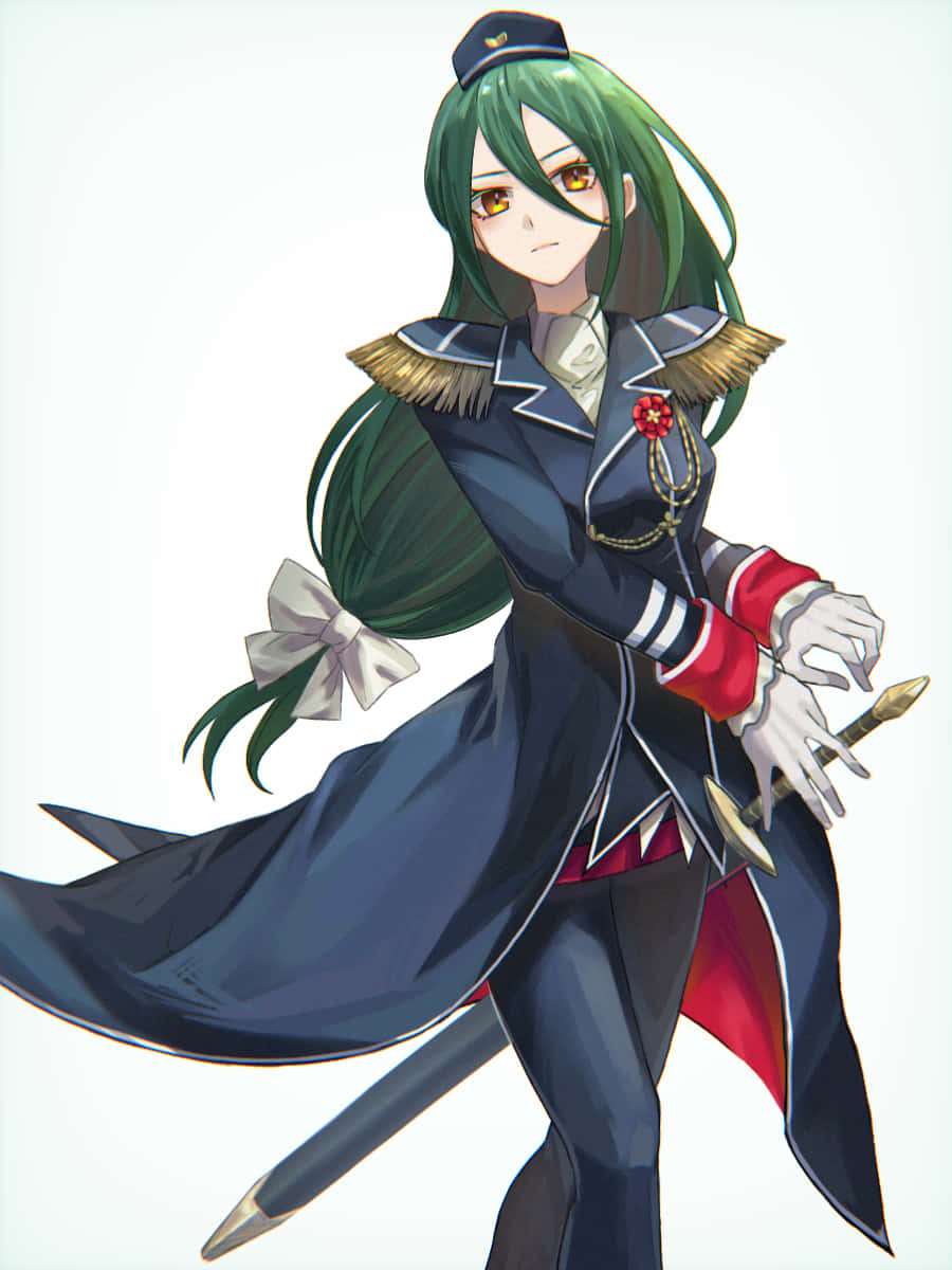 Crusch Karsten 桌布 壁紙 — 一位綠髮動漫女孩，身穿深藍色軍裝風格外套，帶有紅色點綴和金色飾邊，在純白背景前手持一把劍。