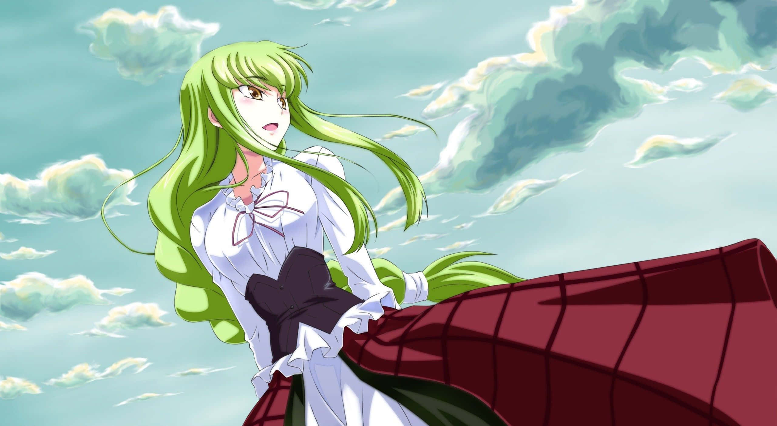 Code Geass C.c. 桌布 壁紙 — 一位綠髮動漫女孩，身穿白色襯衫和紅色格子裙，站在多雲的天空下，風吹動她的頭髮。