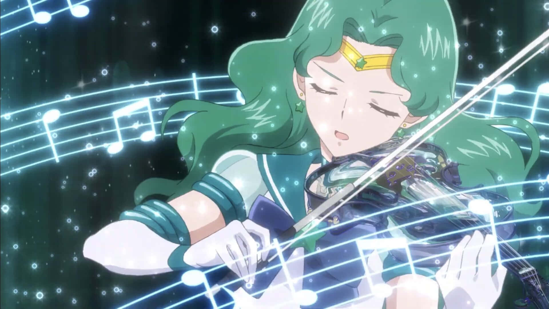 sailor neptune 桌布 壁紙 — 一位綠髮動漫女孩在星空下演奏小提琴，發光的音符在她周圍旋轉。