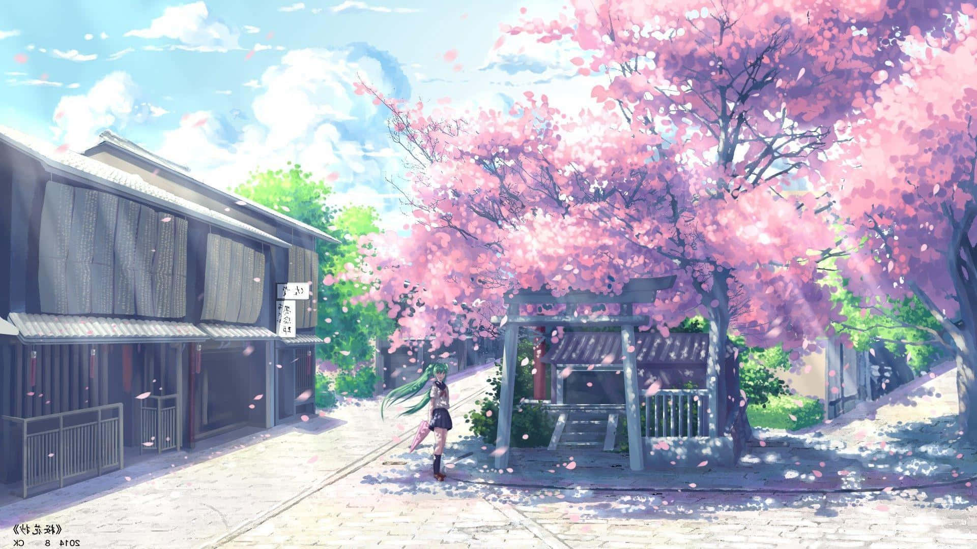 Cherry Blossom Tree Anime 桌布 壁紙 — 一位綠髮動漫女孩在盛開的粉紅色櫻花樹下，旁邊是傳統日本神社和木造建築。
