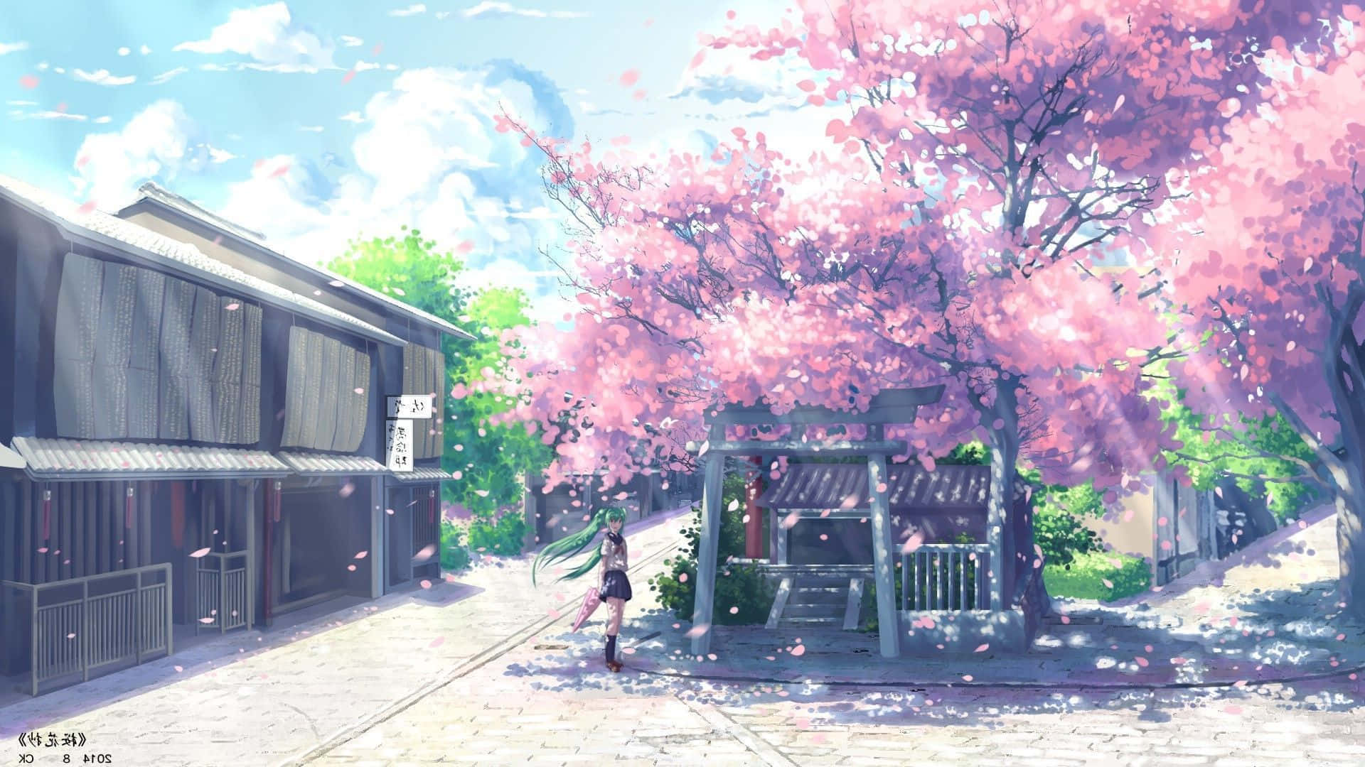 Aesthetic Pink Anime 桌布 壁紙 — 一位綠髮動漫女孩在盛開的粉紅色櫻花樹下行走，旁邊是傳統的日本鳥居和木造建築。