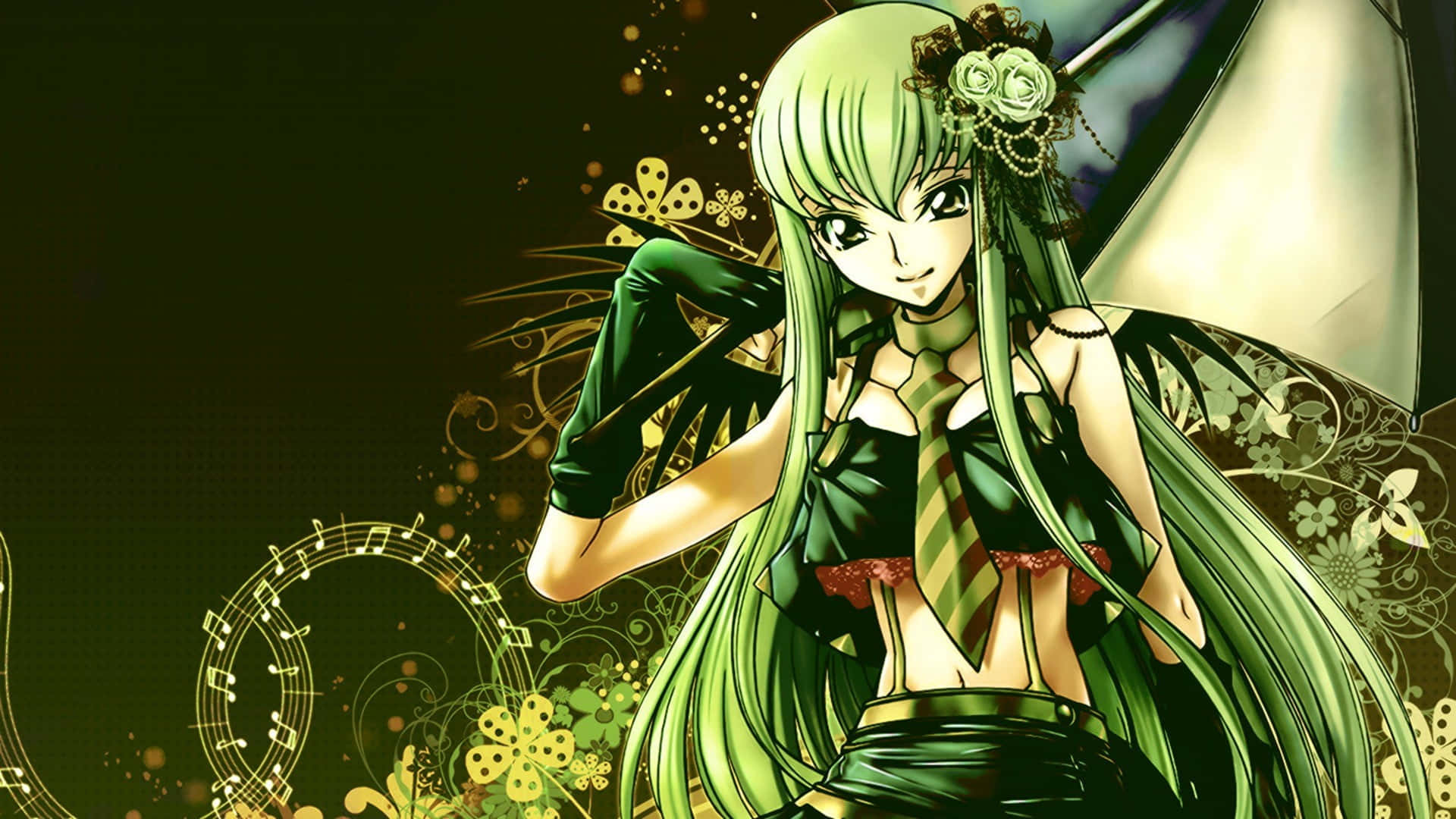 Code Geass C.c. 桌布 壁紙 — 一位綠髮動漫女孩戴著花卉飾品，在黑暗背景中，於旋轉的音符和金色樹葉間撐著一把傘。