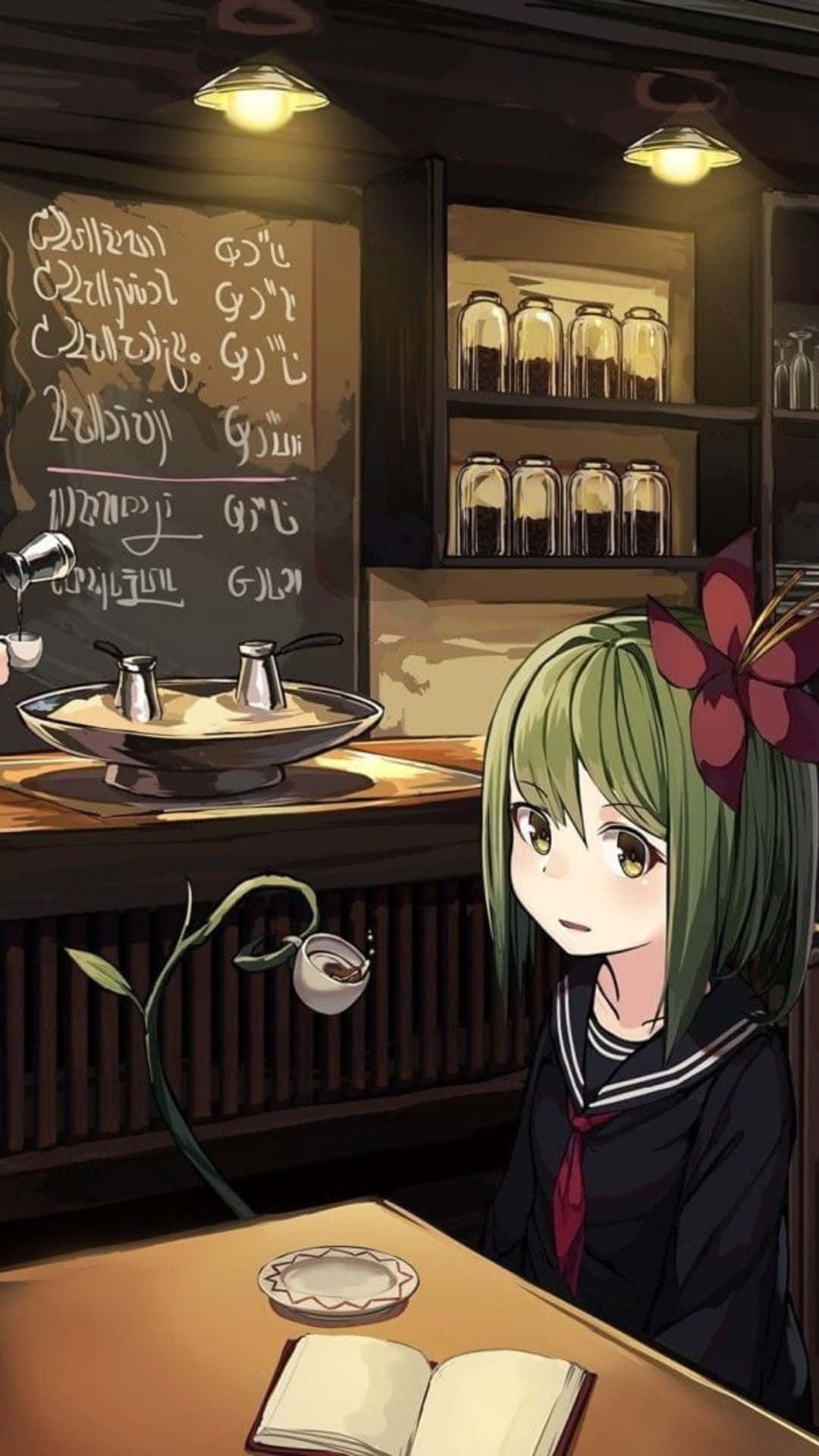 動漫女孩 桌布 壁紙 — 一位綠髮動漫女孩穿著水手服，坐在光線昏暗的咖啡館的木桌旁，周圍有發光的燈和裝滿玻璃罐的架子。
