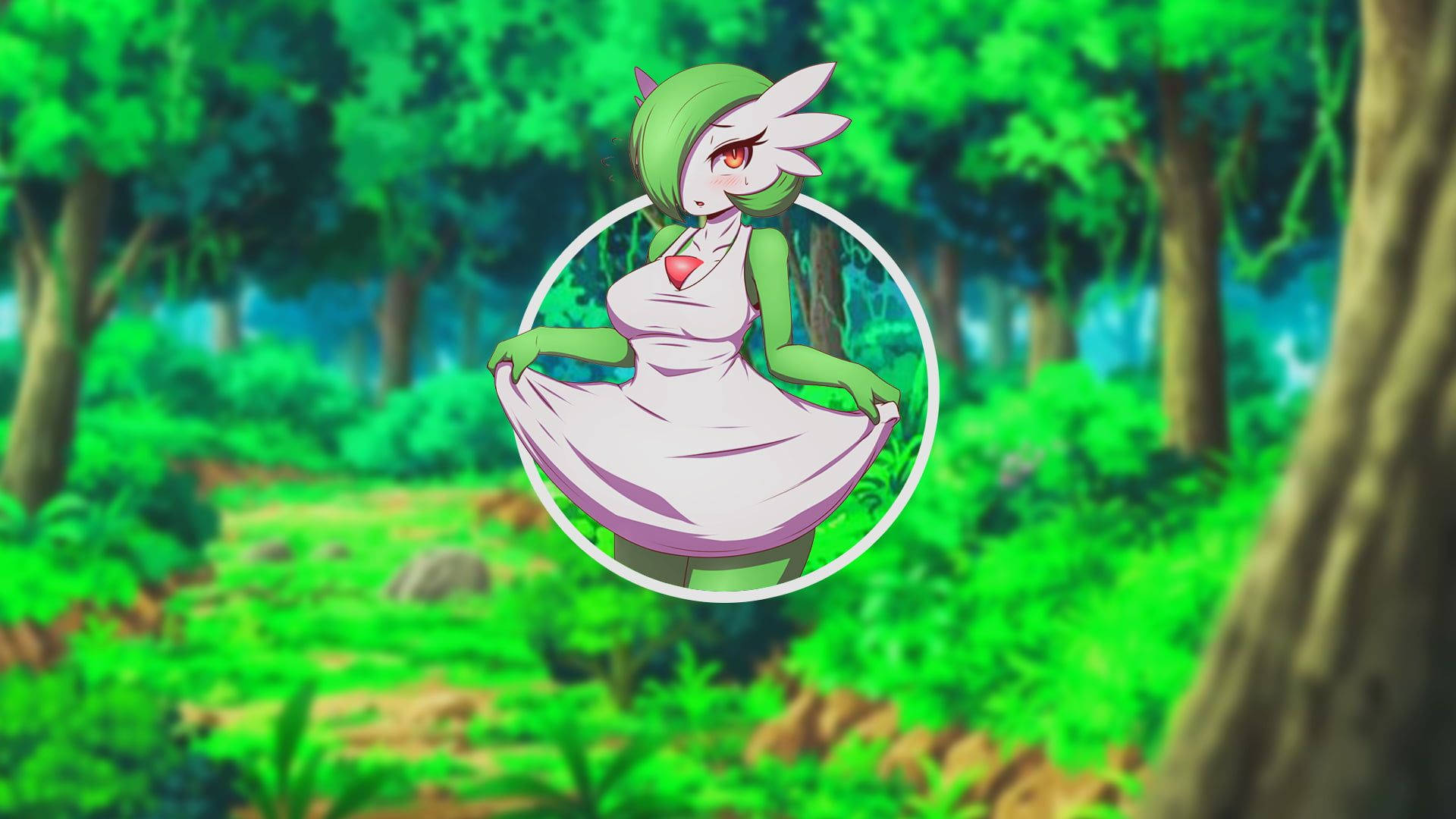 Gardevoir 桌布 壁紙 — 一位綠髮動漫女孩穿著白色連衣裙，站在發光的圓圈內，周圍是茂密生機勃勃的森林。