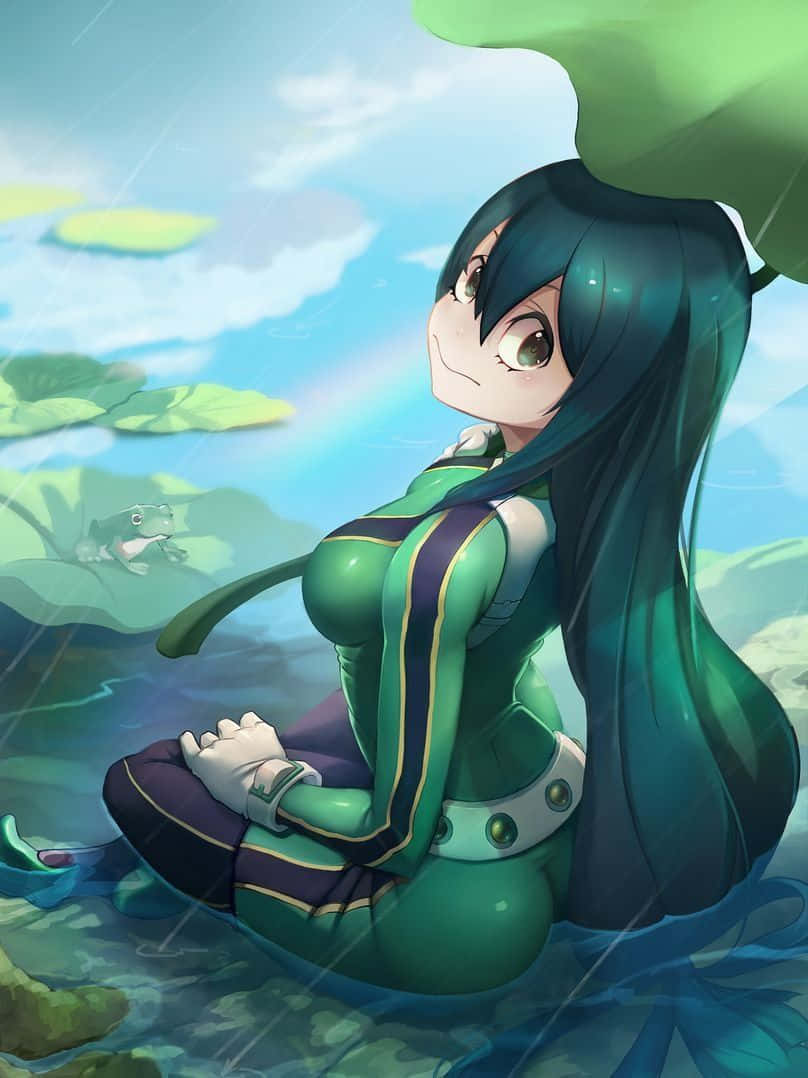 Froppy 桌布 壁紙 — 一位綠髮動漫女孩穿著相配的服裝，靜靜地坐在雨滴點點的池塘水中，周圍環繞著睡蓮和青蛙。