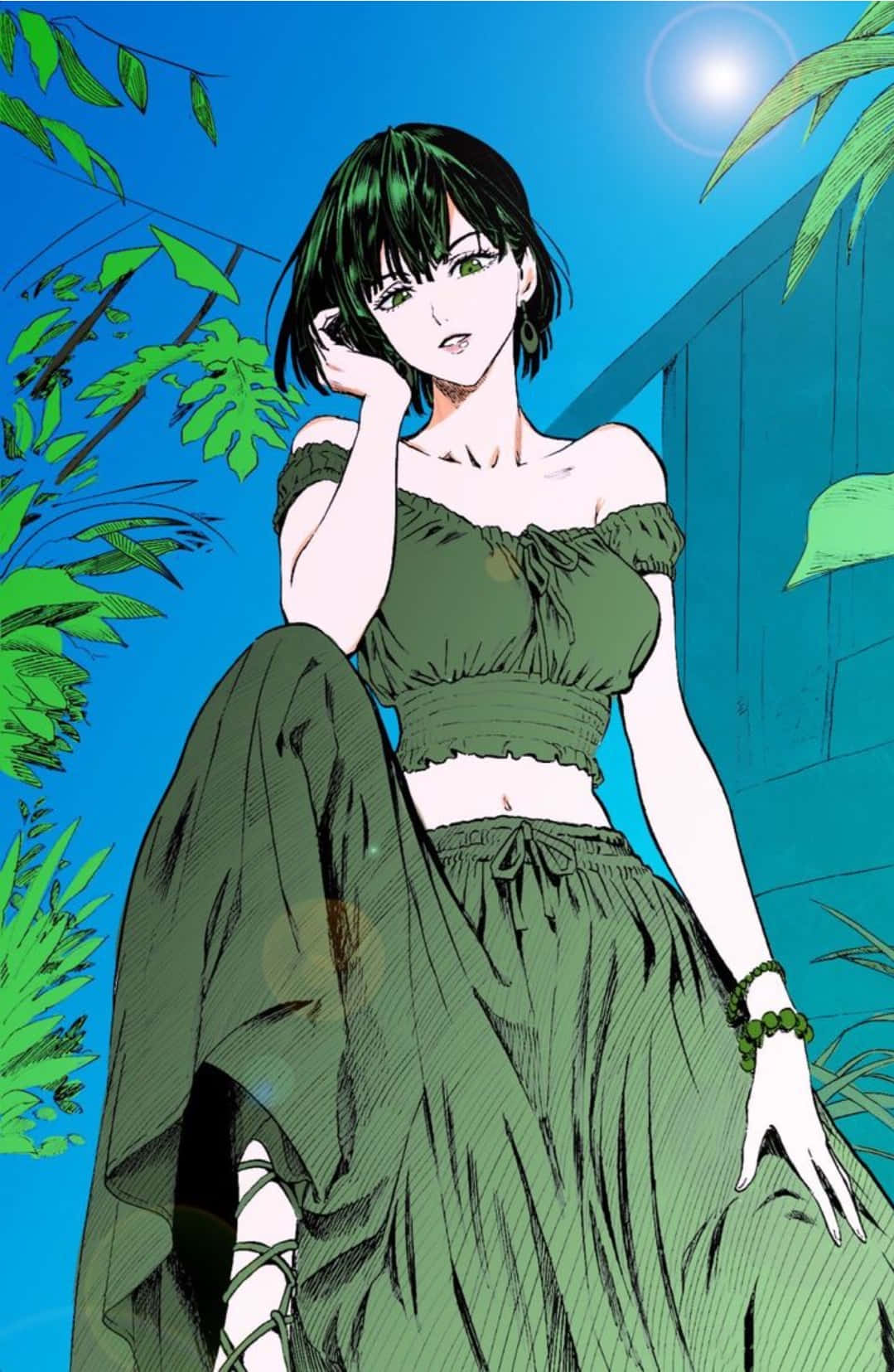 Fubuki 桌布 壁紙 — 一位綠髮動漫女孩穿著相配的綠色服裝，在茂密的樹葉中放鬆，頭頂是明亮的藍天。