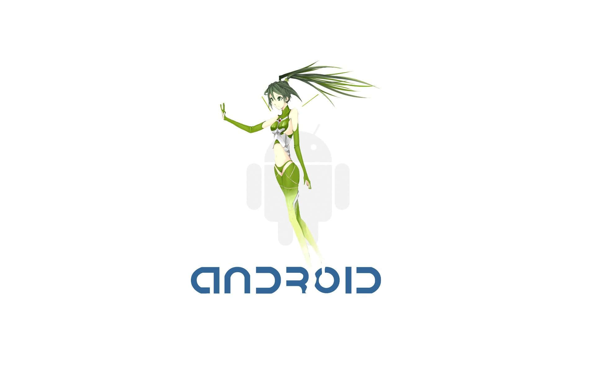 Android Computer 桌布 壁紙 — 一位綠髮動漫女孩穿著綠色服裝，優雅地站在褪色的Android標誌上方，背景為純白色。