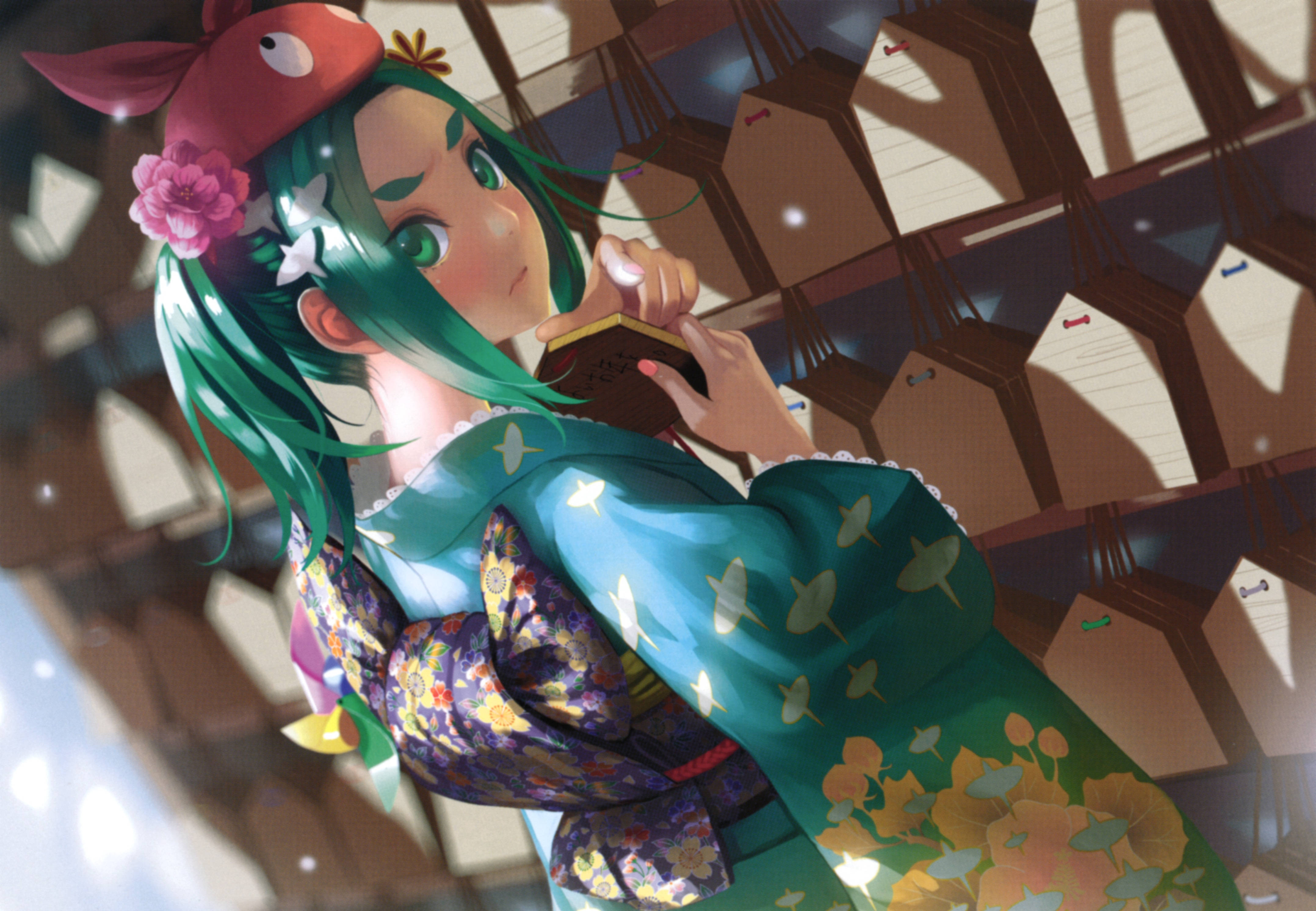 Monogatari 桌布 壁紙 — 一位綠髮動漫女孩穿著花卉和服，在漂浮的紙燈籠中拿著一本書，沐浴在溫暖的陽光下。